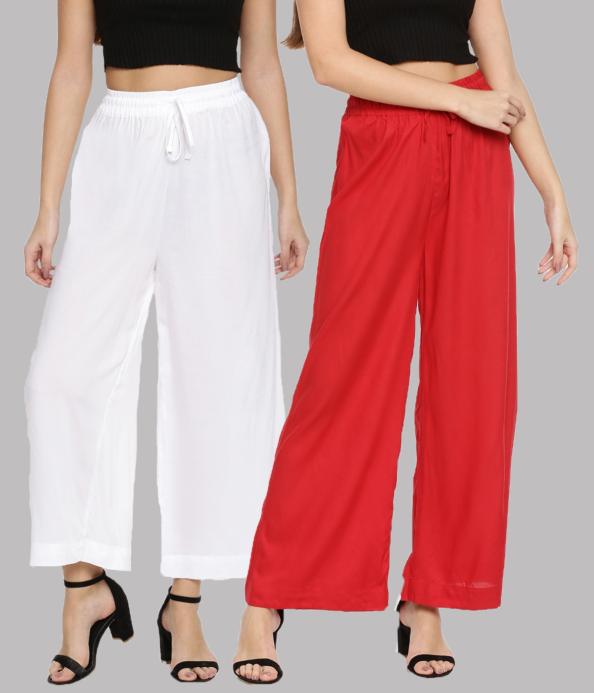 Twin Birds | Twinbirds Solid  Pearl White & Lip Stick Wide Leg Palazzo - Pack Of 2