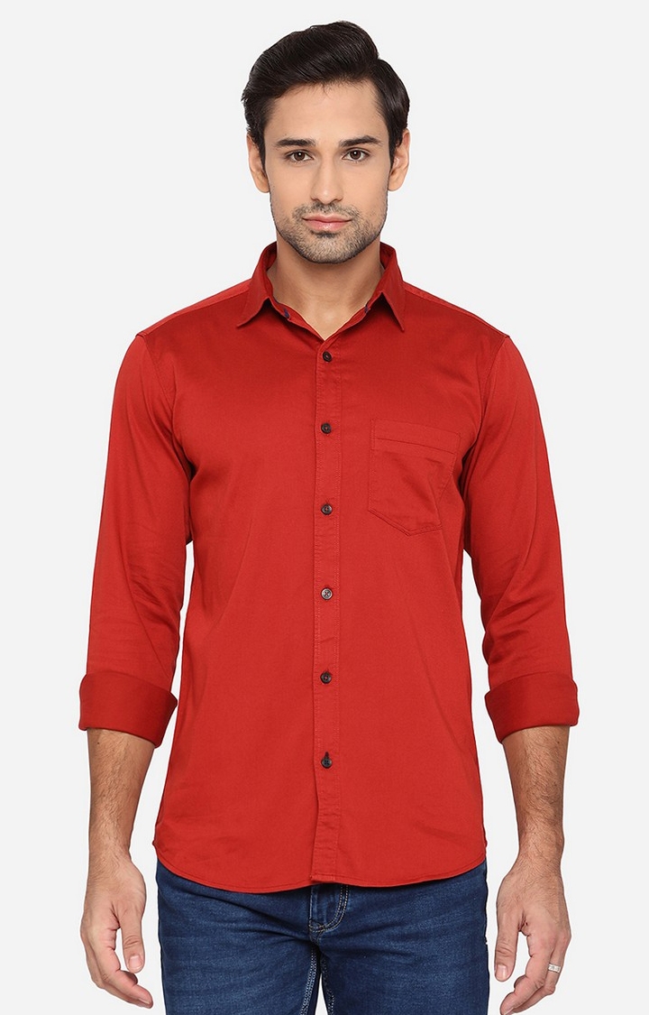JBS-PL-916F RED OCHRE Men's Red Cotton Solid Semi Casual Shirts