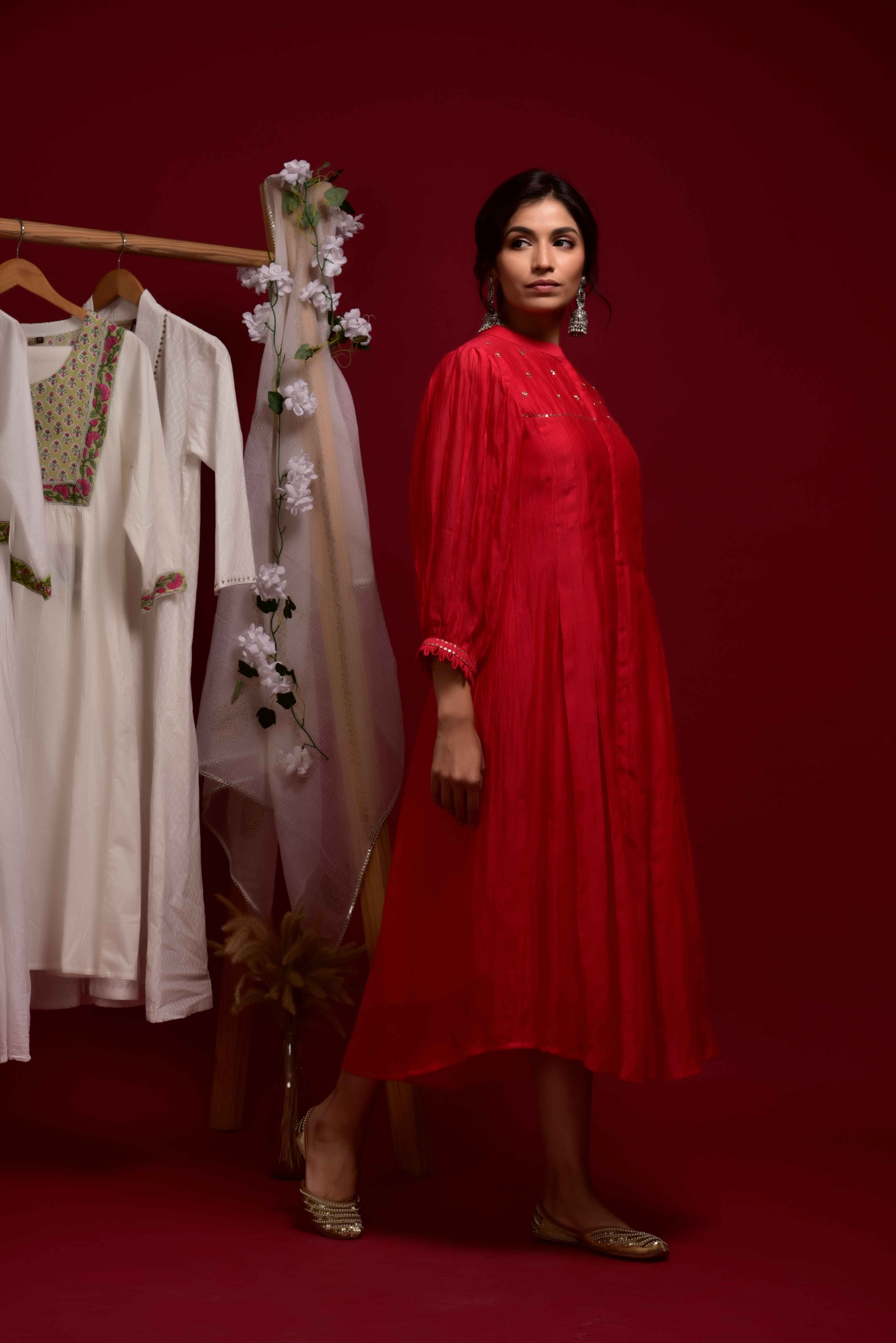 Red chanderi dress with hand work on yoke and sleeves and inner