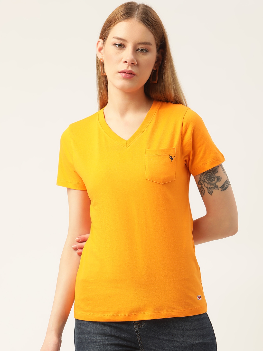 Am Swan | Orange Solid V-Neck T-Shirt