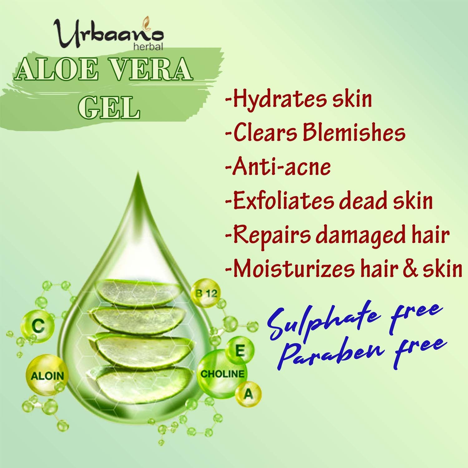 Urbaano Herbal Anti Blemishing Skin Glow Aloe Vera Multipurpose Face & Hair Massage Gel  (500 g)