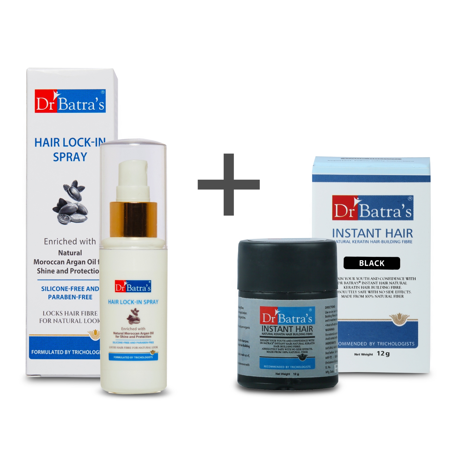 Dr Batra's | Dr Batra's Instant Hair Natural Keratin Hair Building Fibre - Black - 12 gm and PRO+ Lock-In Spray - 50 ml (Pack of 2)