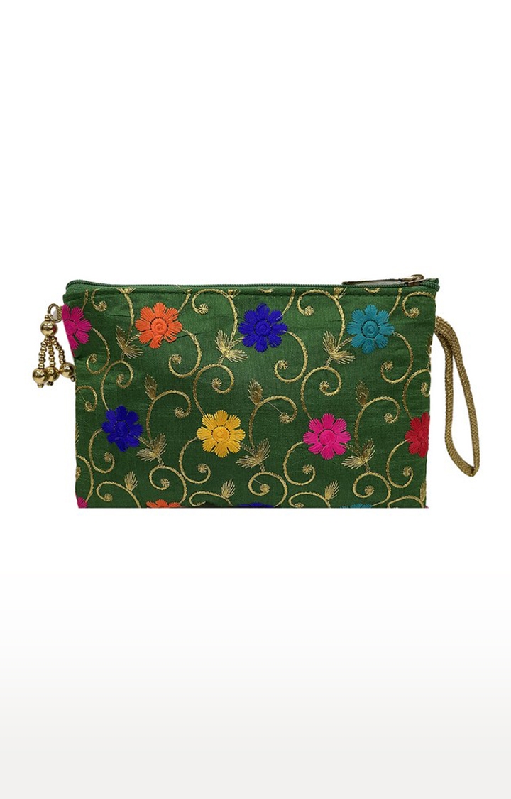 Lely's Traditional Handcrafted Green Color Embroidery Pouch For Women/Girls