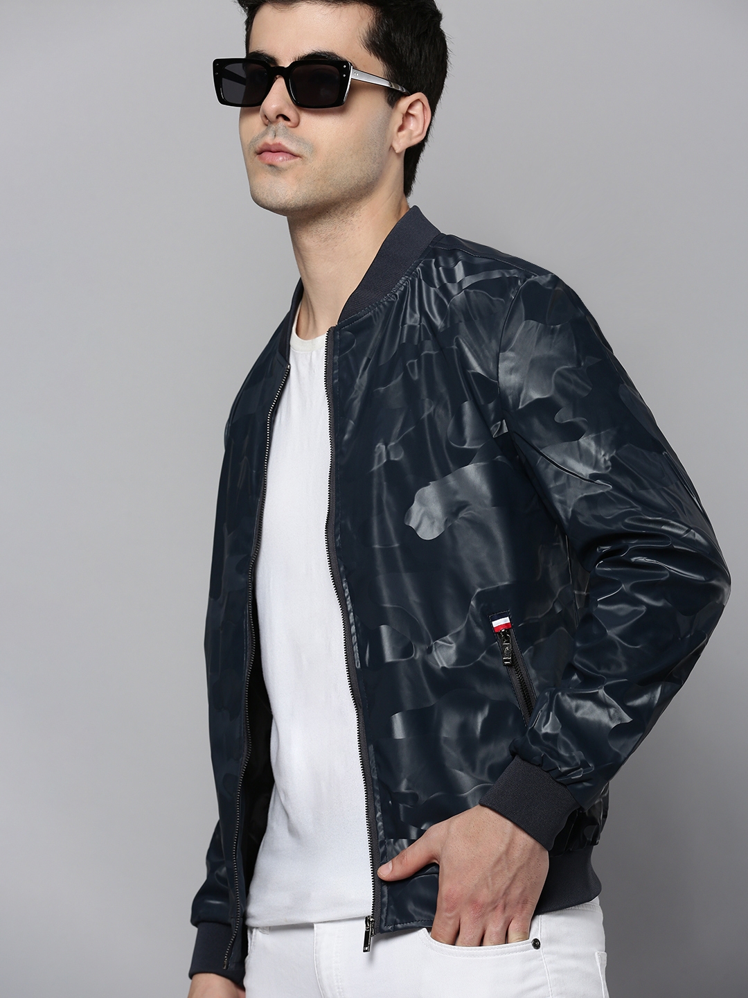 Men's Navy PU Solid Leather Jackets