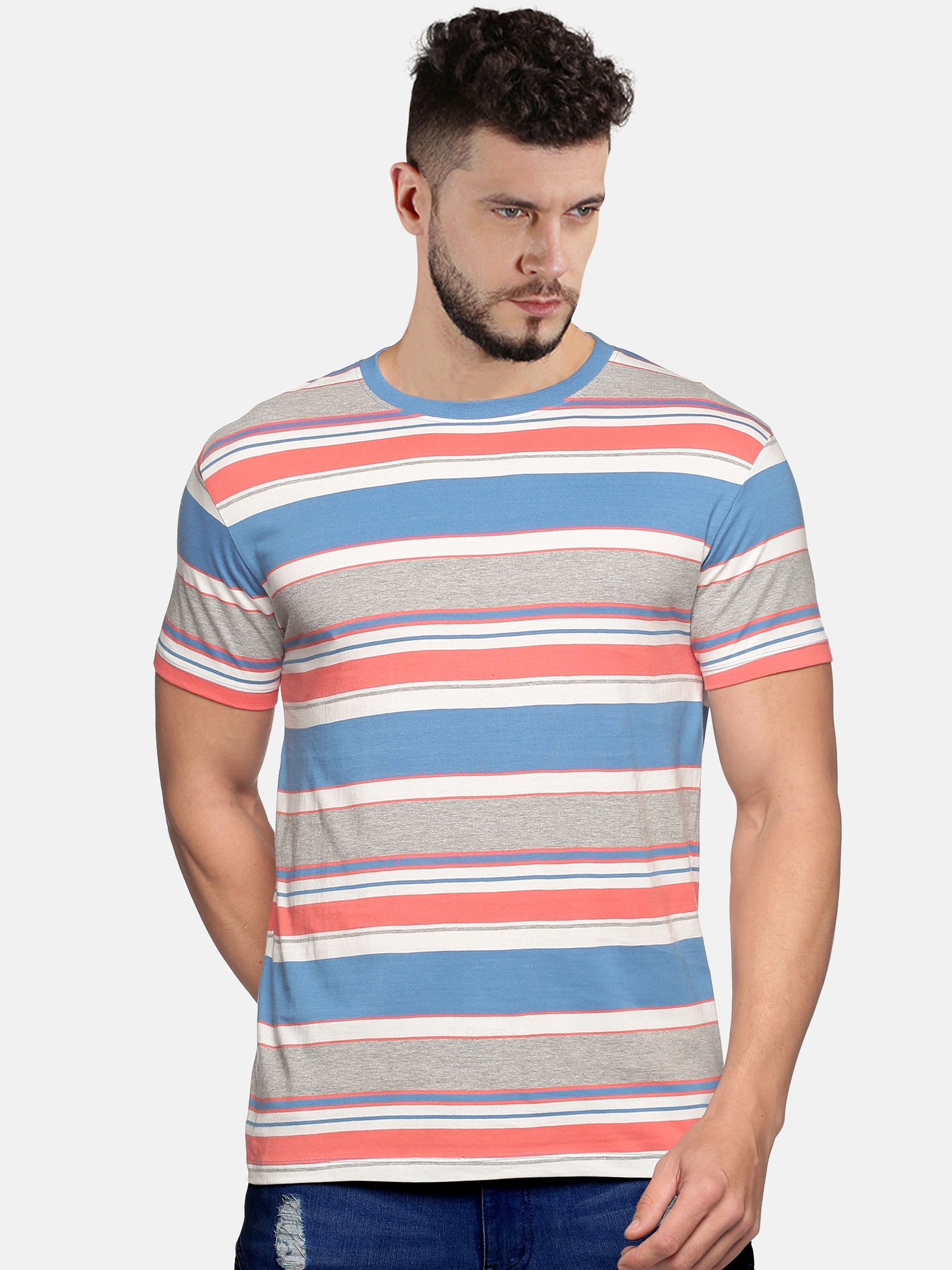 UrGear | UrGear Men Multicolor Striped Round Neck Half Sleeve Organic Pure Cotton Regular Fit Casual T Shirt