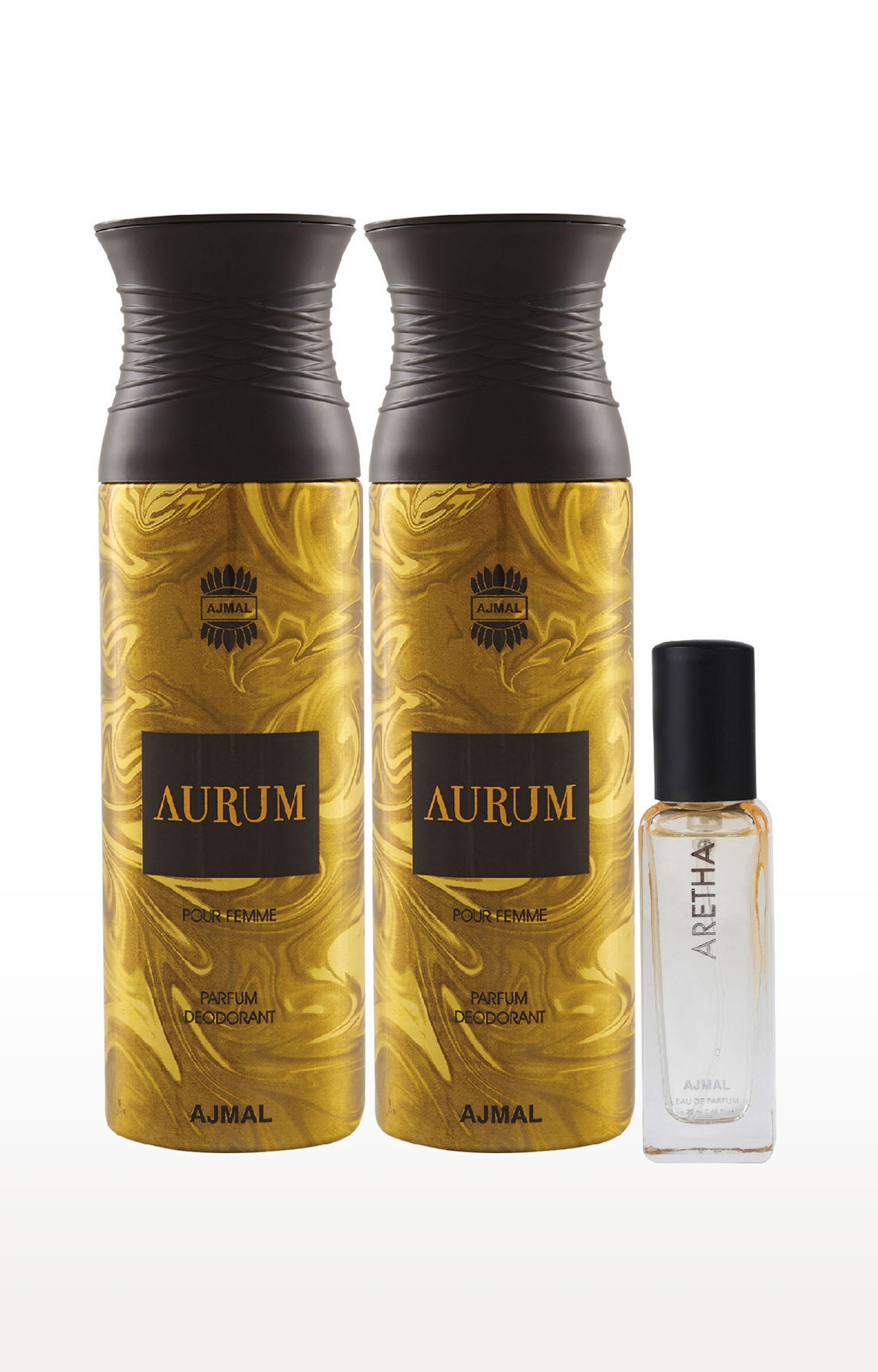 Ajmal | Ajmal 2 Aurum Deo 200ML & Aretha EDP 20ML Pack of 3 (Total 420ML) for Men & Women + 2 Parfum Testers
