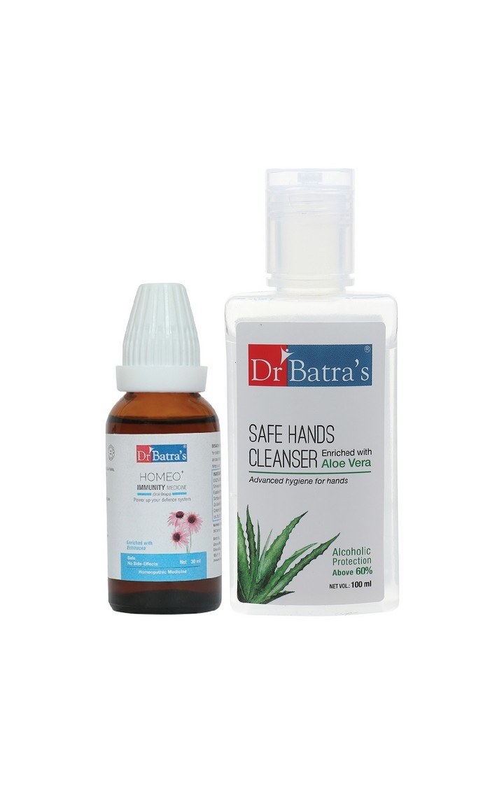 Dr Batra's | Dr Batra's Homeo+ Immunity Medicine Oral Drops|Scientific & Natural |Stay Home, Stay Safe - 30 ml and Safe Hands Cleanser |Aloe vera - 100 ml