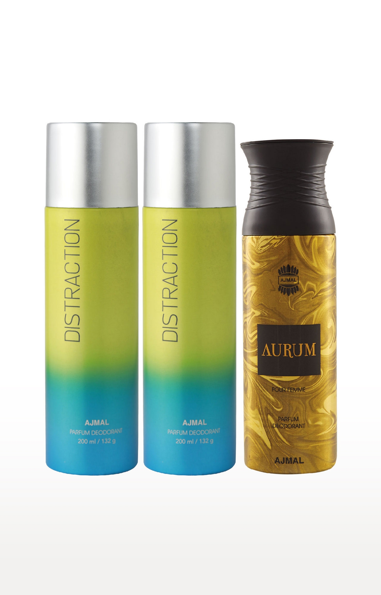 Ajmal | Ajmal 2 Distraction for Men & Women and 1 Aurum Femme for Women High Quality Deodorants each 200ML Combo pack of 3 (Total 600ML) + 3 Parfum Testers