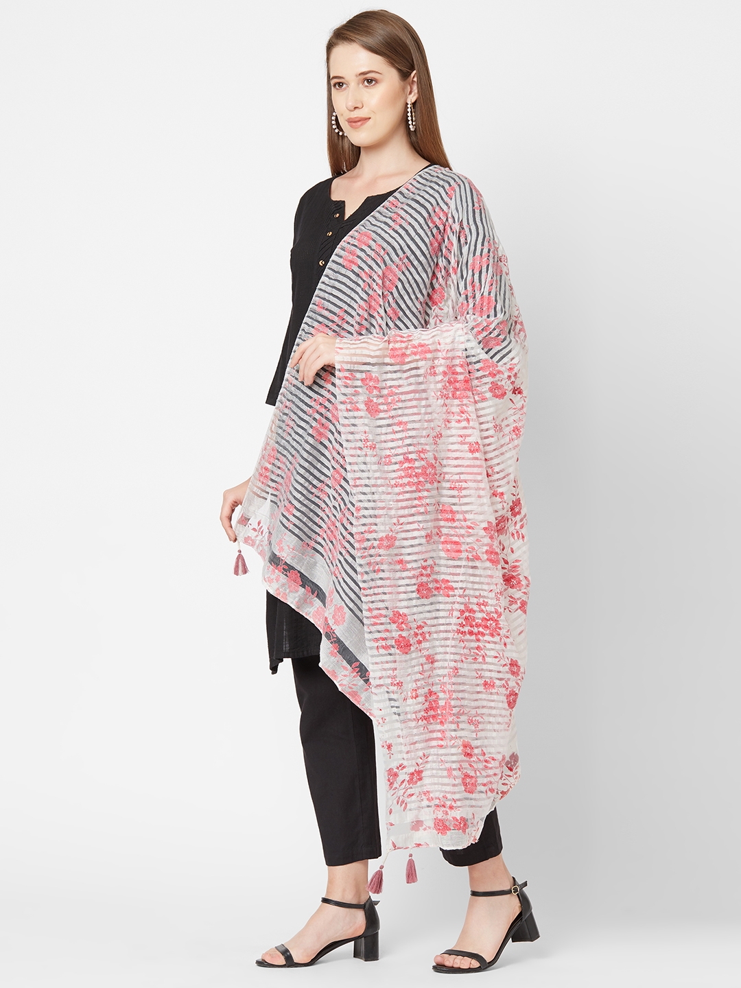 Get Wrapped | Get Wrapped Pink Flock Printed Dupatta with Tassels for Women