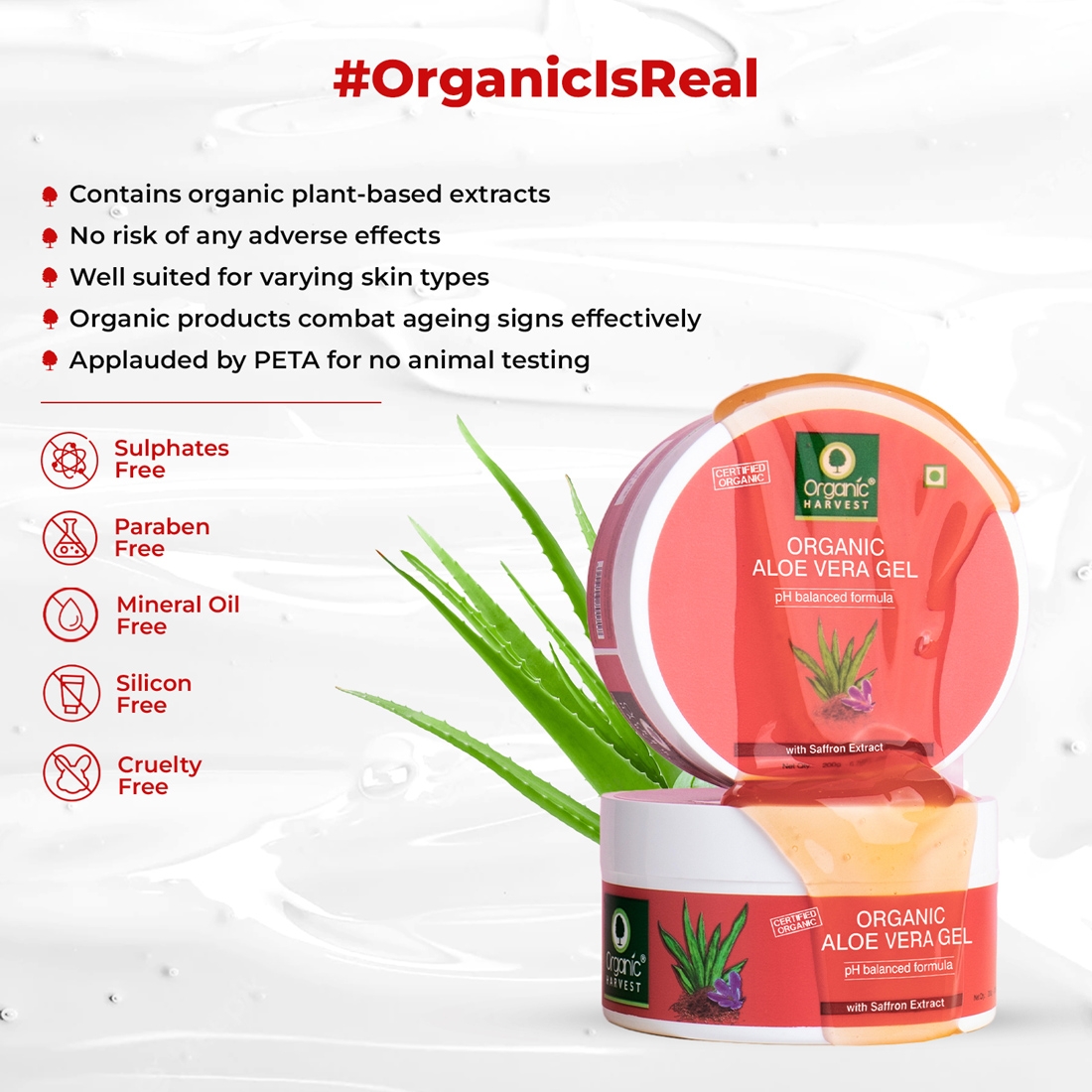 Organic Harvest Aloe Vera Gel Enriched with 100% Pure Aloe Vera Leaf & Saffron Extracts, for Skin And Hair, Paraben Free - 200gm