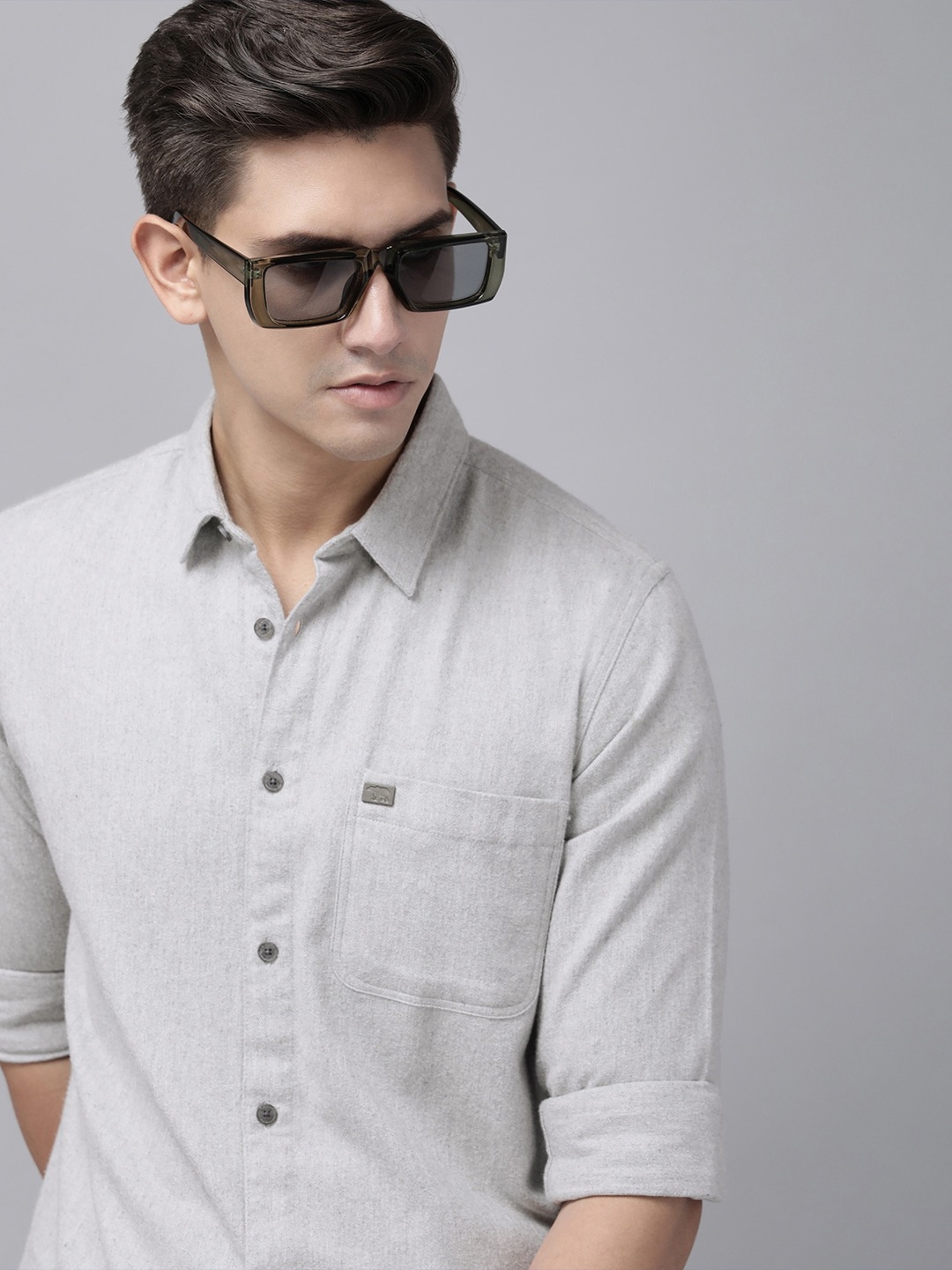 The Bear House | The Bear House Men Grey Slim Fit Solid Flannel Cotton Casual Shirt