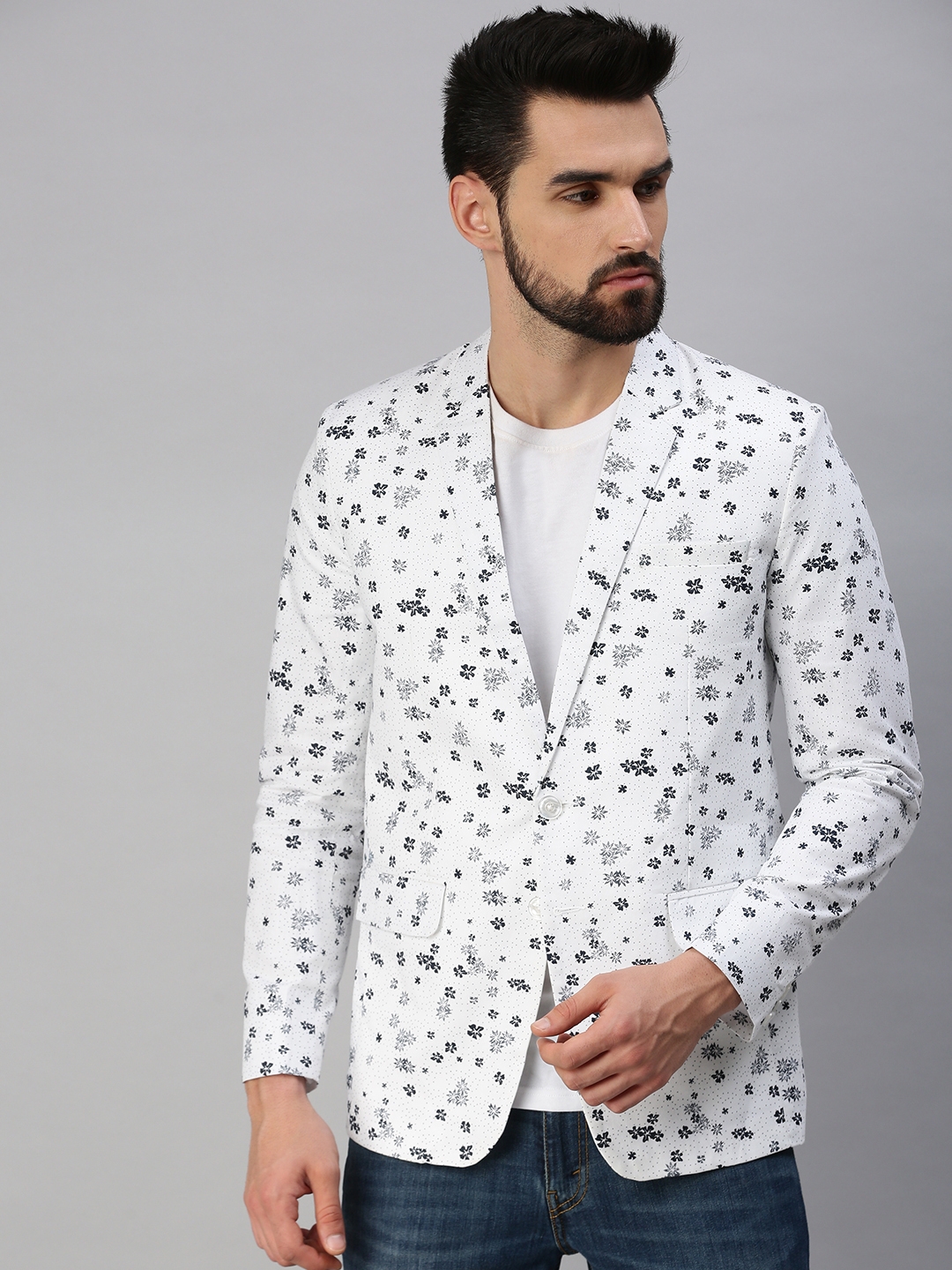 Showoff | SHOWOFF Men's Notched Lapel Single-Breasted White Printed Blazer