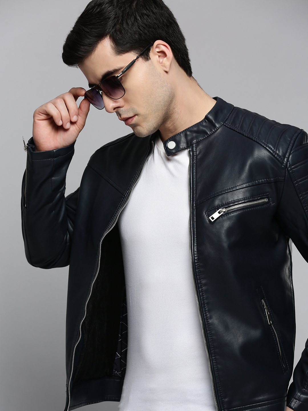 Men's Navy Leather Solid Leather Jackets