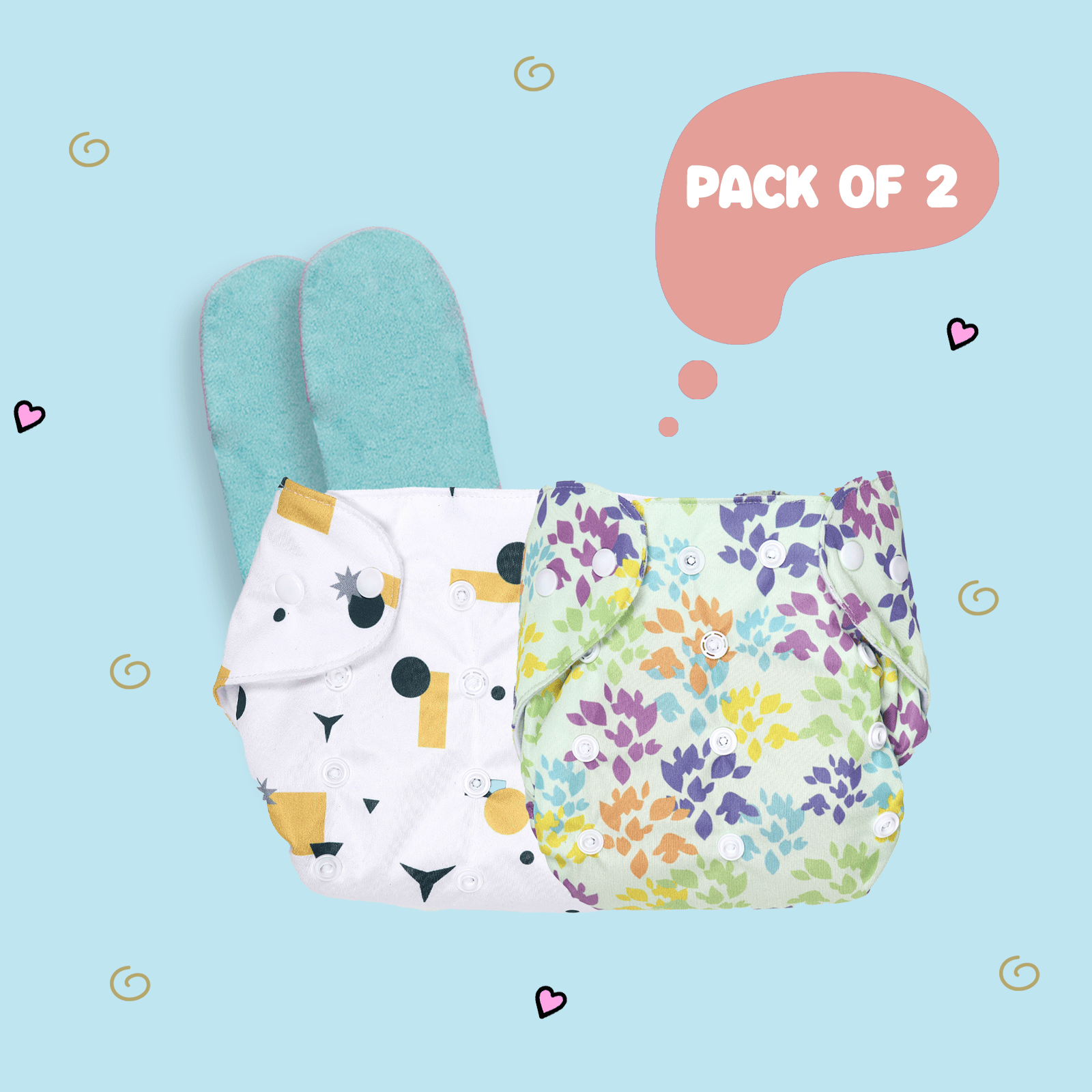 Kidbea | Kidbea Baby's All in One Washable Reusable Adjustable Cloth 2 Diapers with 2 Inserts - Multi shapes & Paint spots