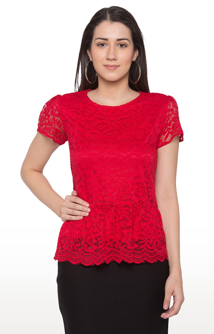 globus | Red Embroidered Blouson Top