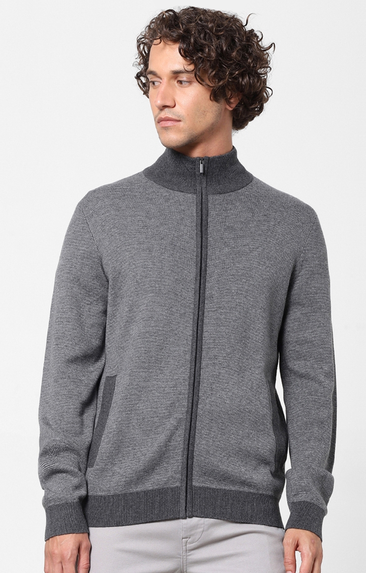 Men's Grey Cotton Blend Melange Textured Sweaters