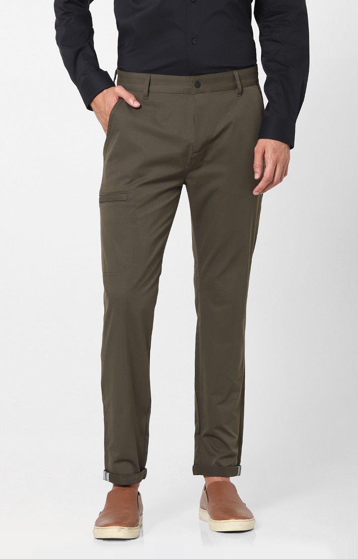 celio | Men's Green Polyester Solid Chinos