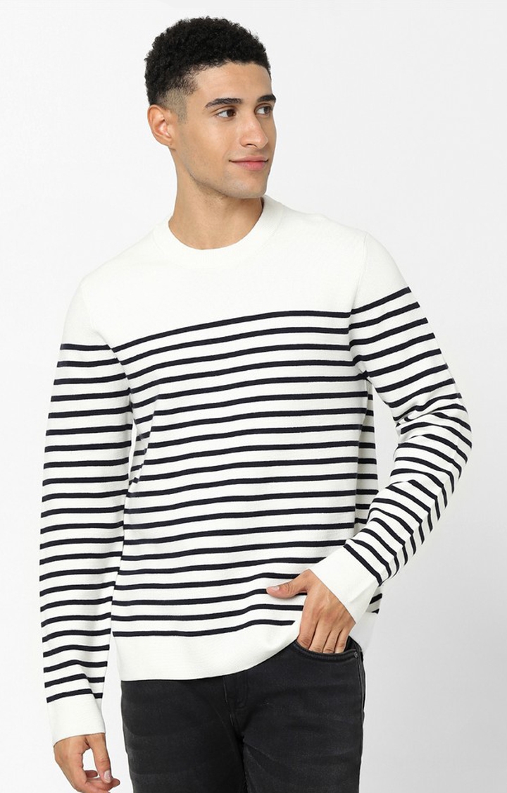 White Horizontal Regular Fit Stripes Sweater