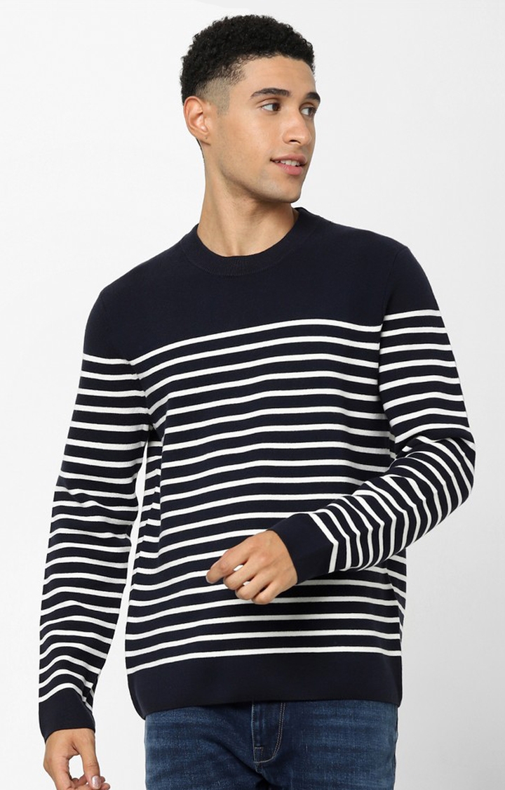 Black Horizontal Regular Fit Stripes Sweater
