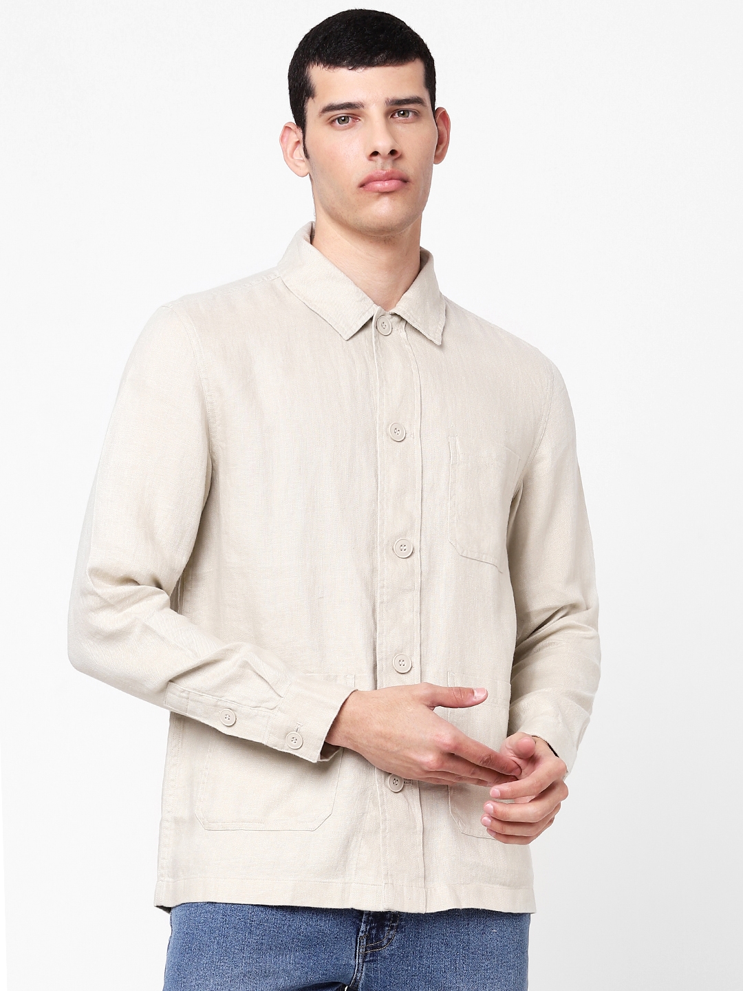 celio | Men's Beige Solid Long Sleeve Shirt