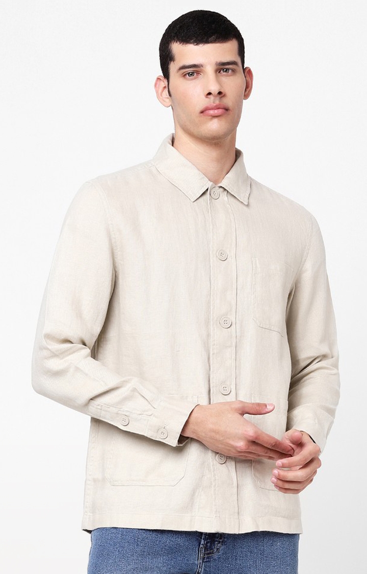 Men'S Beige Solid Long Sleeve Shirt