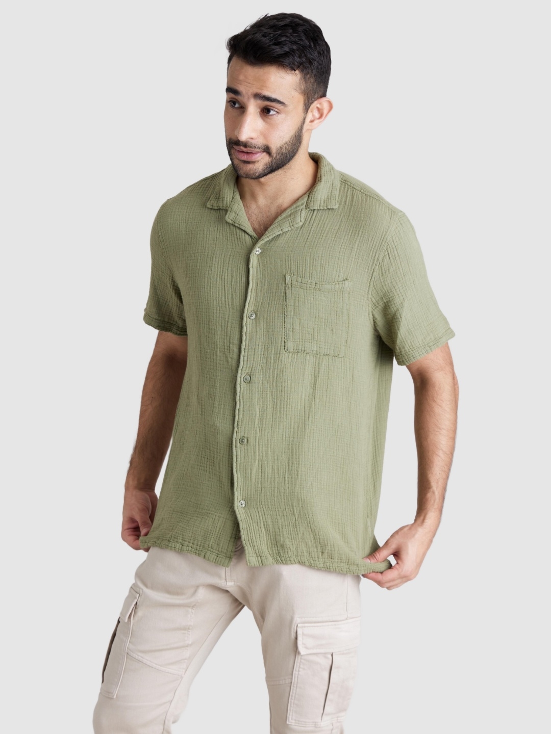 Men's Green Cotton Textured Casual Shirt
