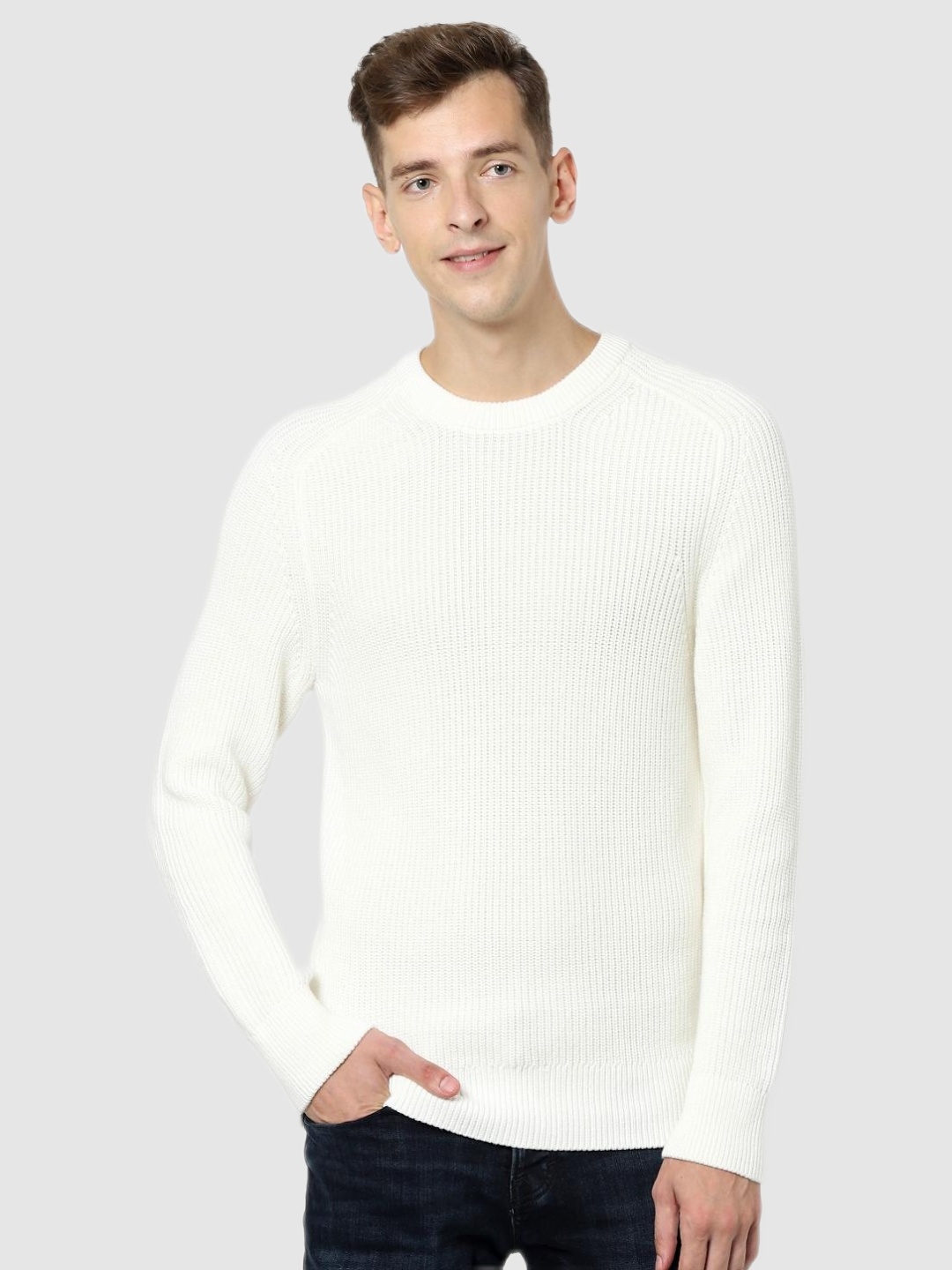 Celio White Checks Regular Fit Sweater