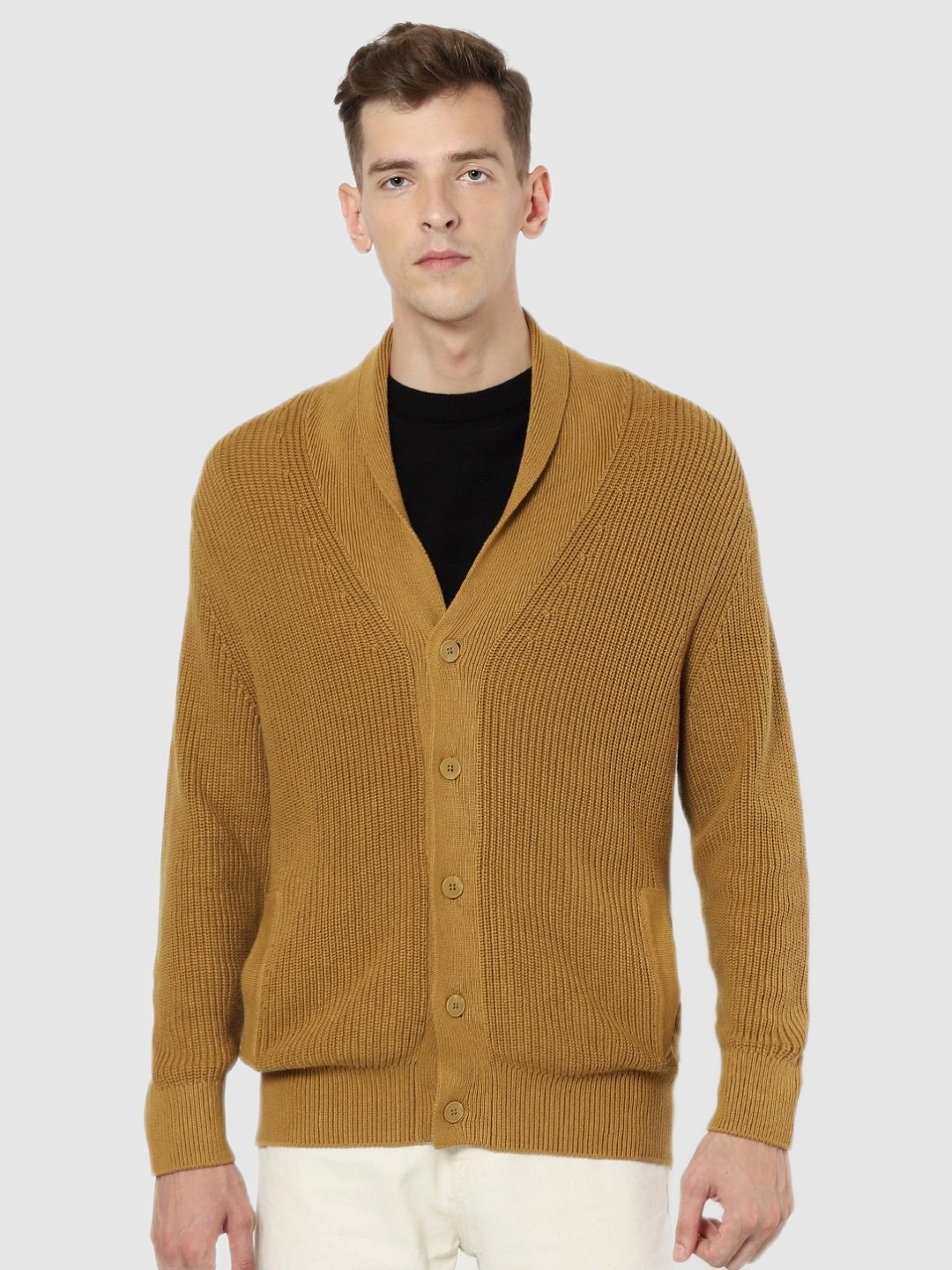 Men's Light Brown Cotton Textured Sweaters