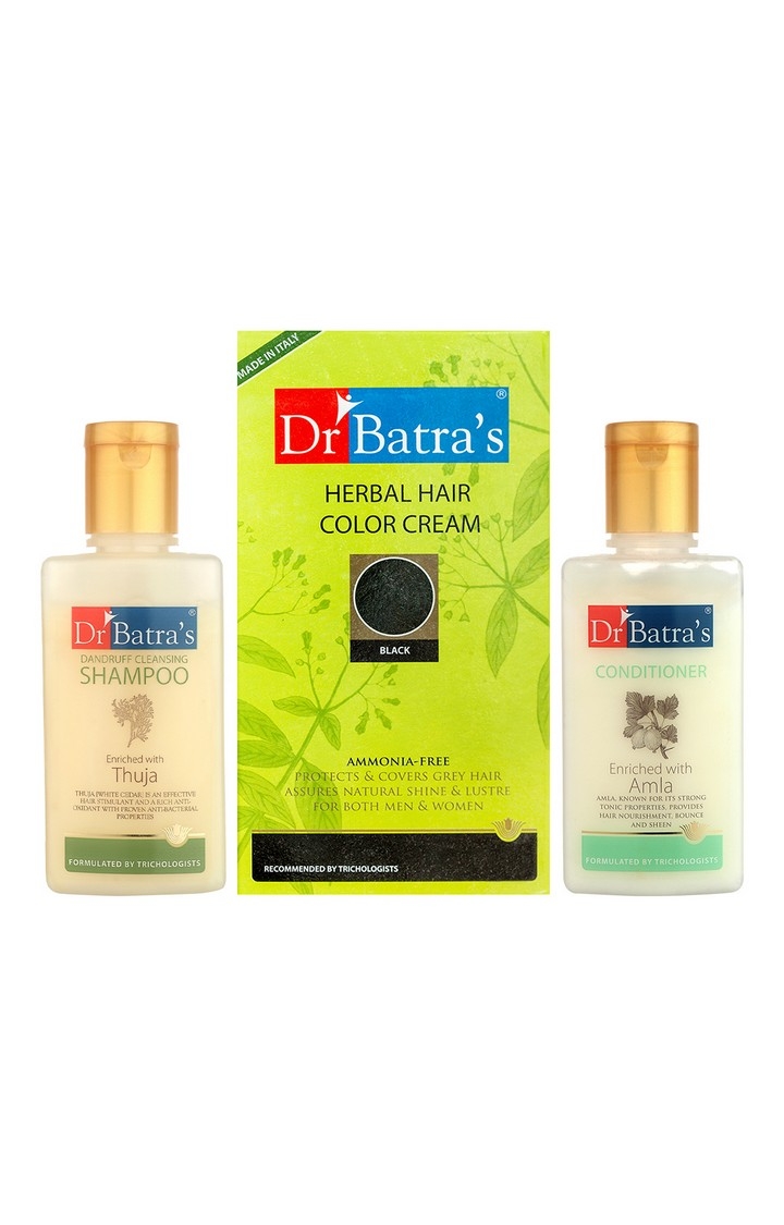 Dr Batra's Herbal Hair Color Cream-Black, Dandruff Cleansing Shampoo - 100 ml and Conditioner - 100 ml ( Pack of 3 Men and Women)