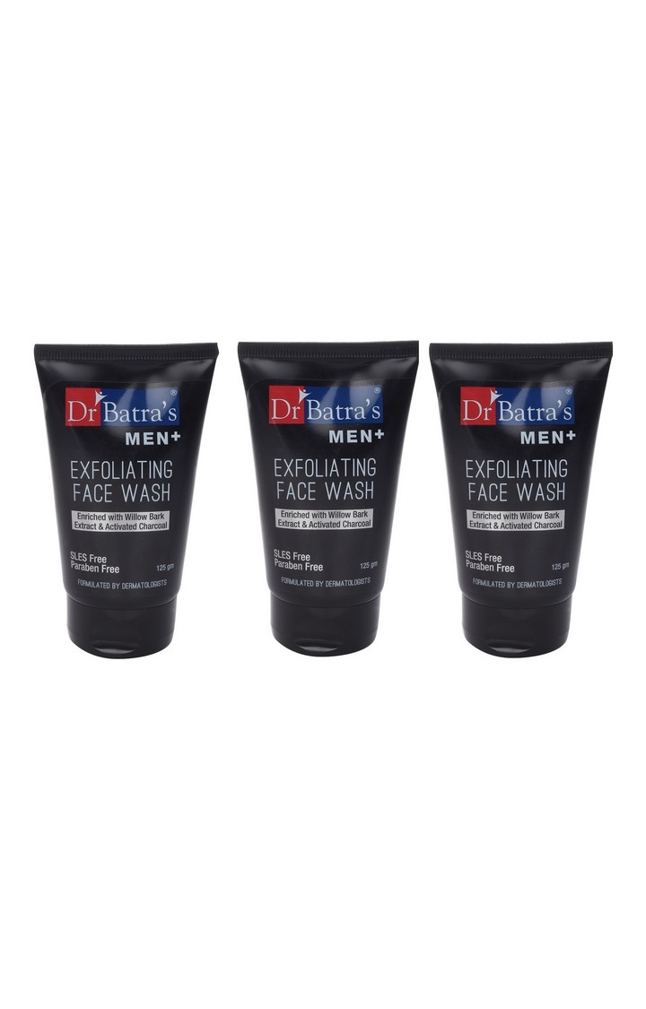 Dr Batra's Men+ Exfoliating Face Wash Enriched With Willow Black Extract & Activated Charcoal - 125 ml (Pack of 3)