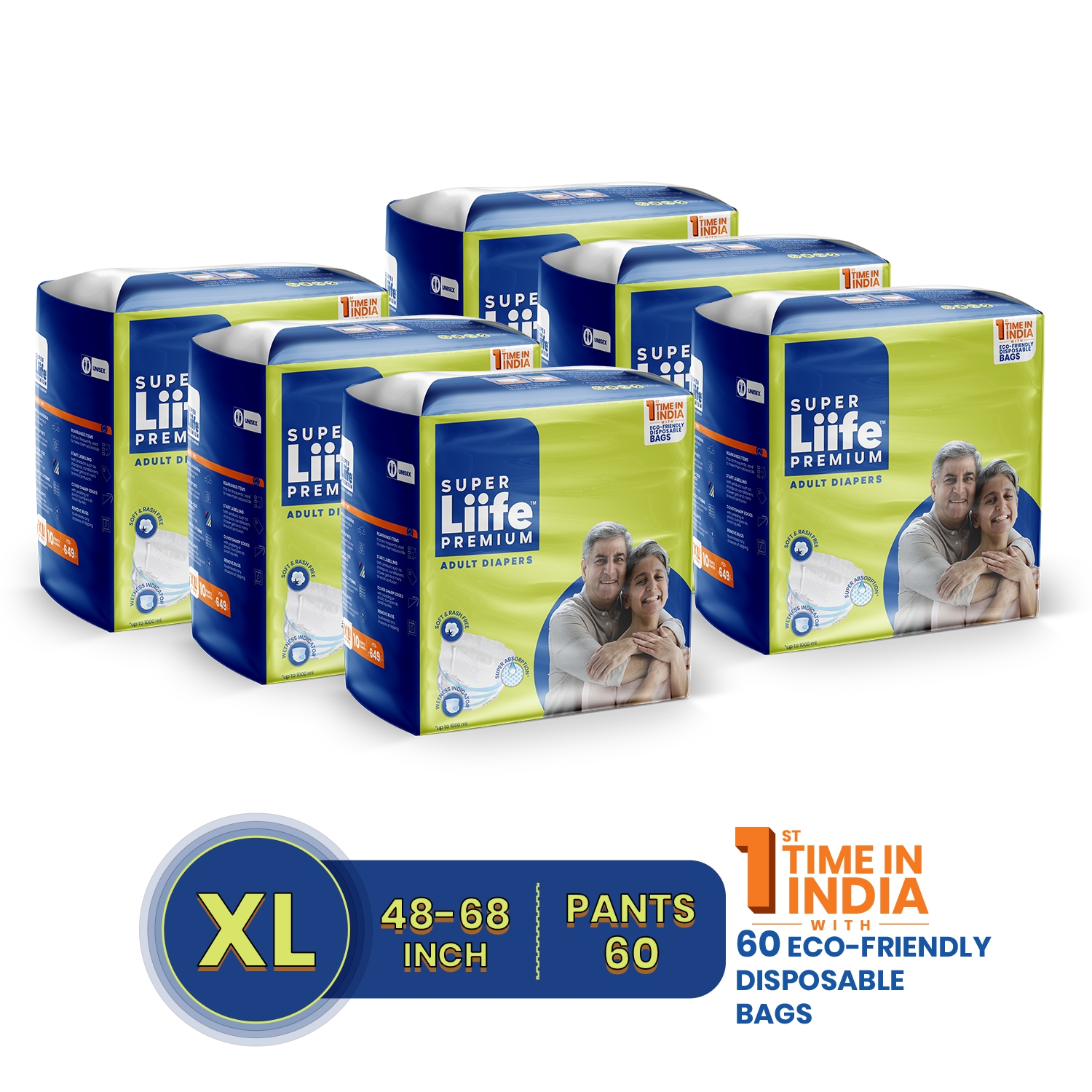 Super Liife | Super Liife Rash Free Adult Diapers Pants with Wetness Indicator and Disposable Bags - 60 Count (Extra Large)