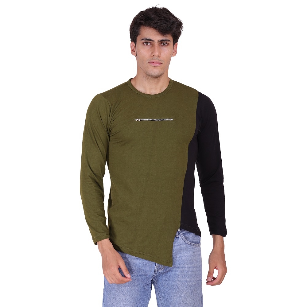 Styvibe | Styvibe Men Olive Green Navy Cut & Sew Zip Detail Round Neck Full Sleeve T-Shirt