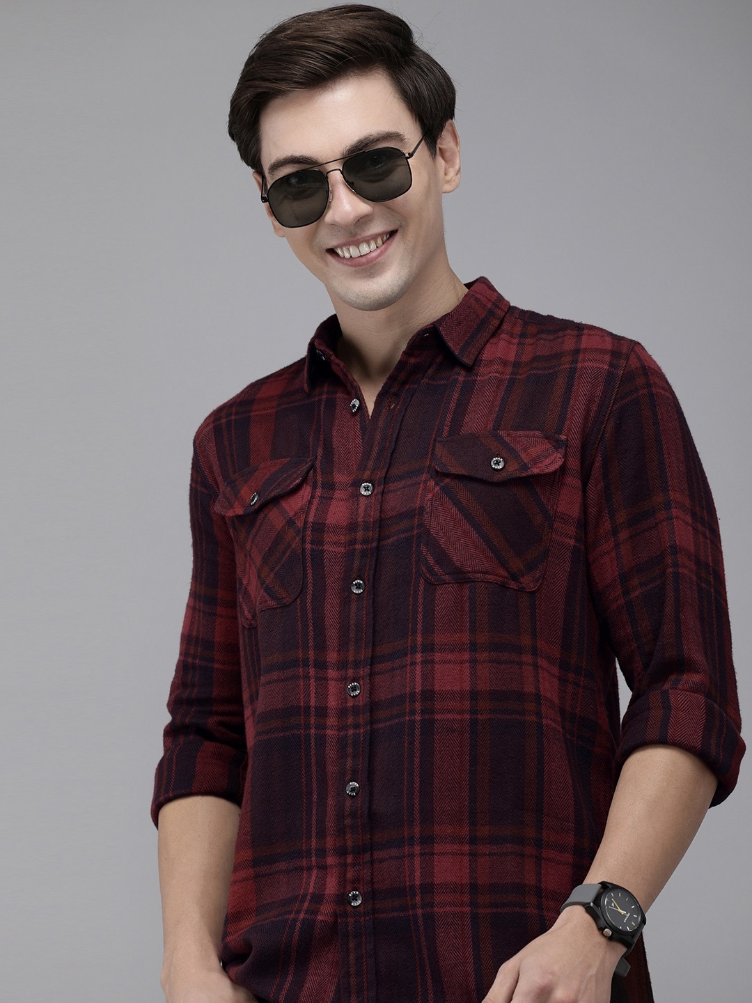 The Bear House | Men Maroon Tartan Checked Flannel Pure Cotton Slim Fit Casual Shirt
