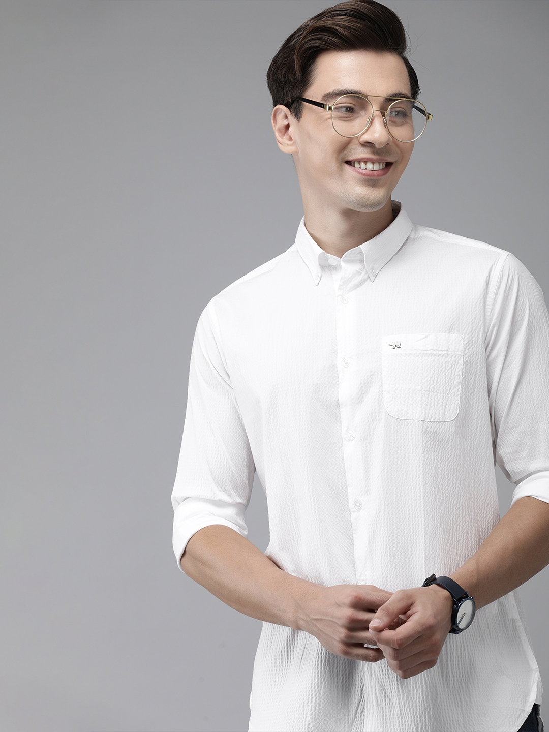 The Bear House | Men White Solid Seersucker Slim Fit Cotton Casual Shirt