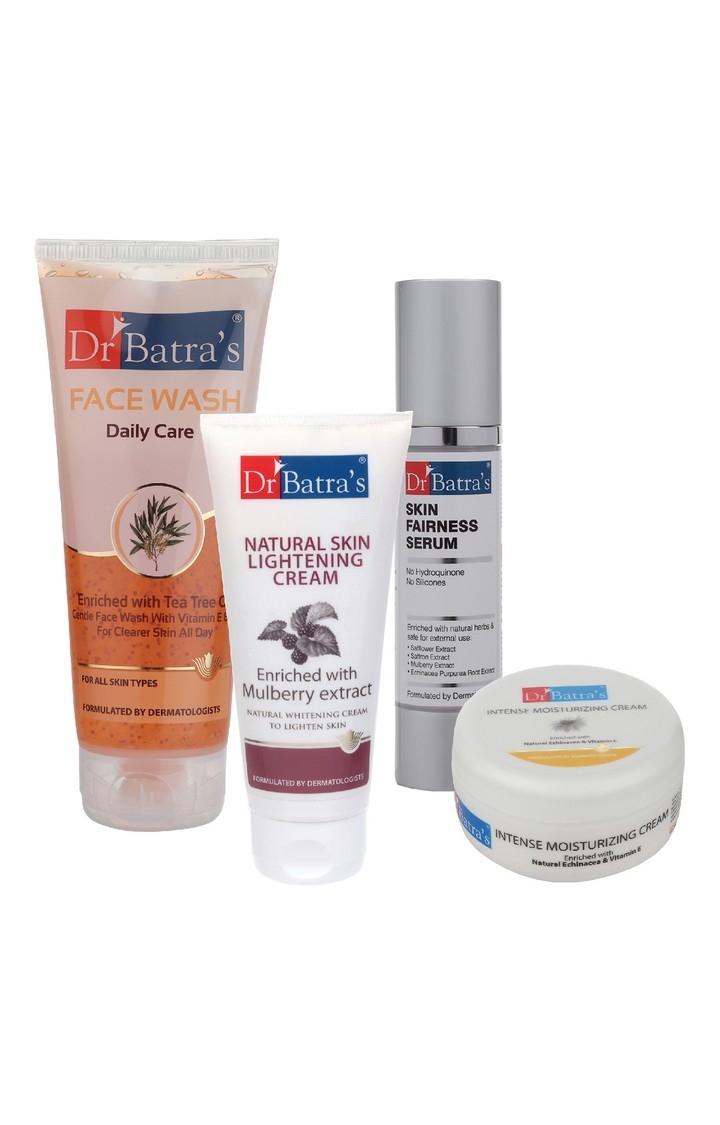 Dr Batra's | Dr Batra's Skin Fairness Serum - 50 G, Face Wash Daily Care - 200 gm, Natural Skin Lightening Cream - 100 gm and Intense Moisturizing Cream -100 G (Pack of 4)