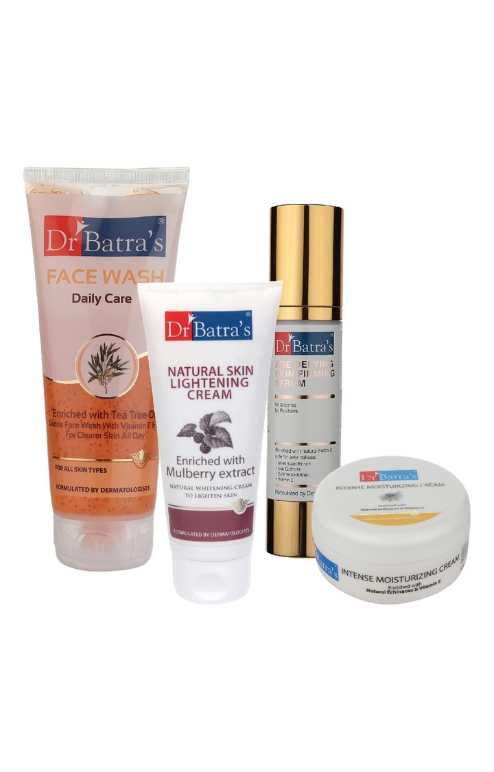 Dr Batra's | Dr Batra's Age Defying Skin Firming Serum - 50 G, Face Wash Daily Care - 200 gm, Natural Skin Lightening Cream - 100 gm and Intense Moisturizing Cream -100 G (Pack of 4)