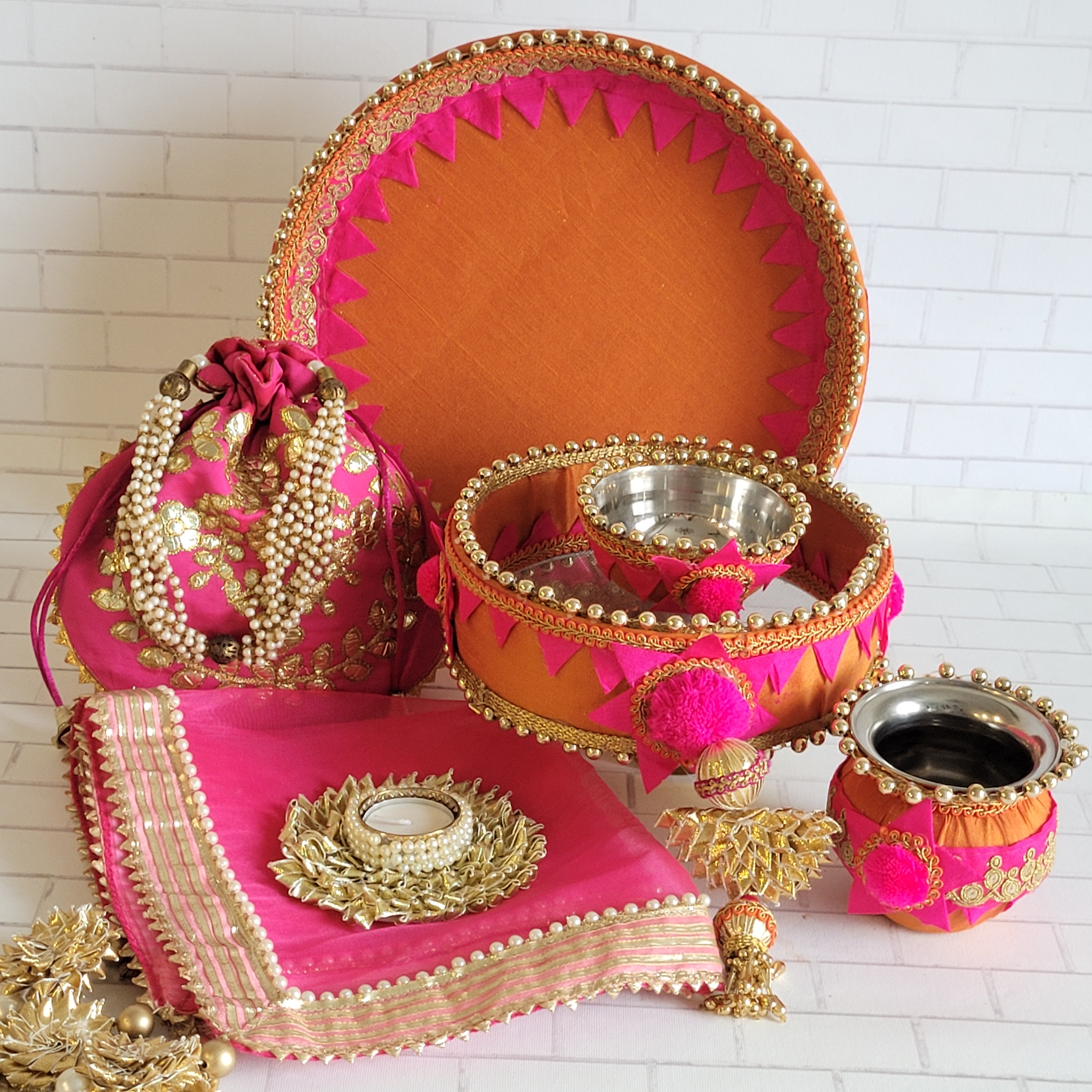 Orange & Fuschia Pink Gotta Karva Chauth Thali Set