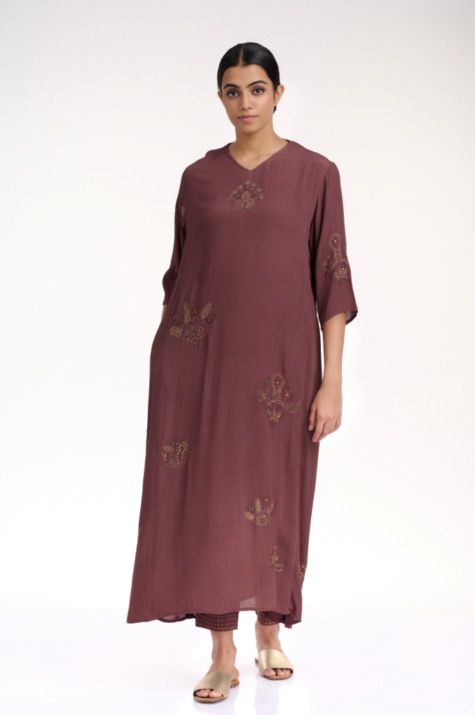 ABRAHAM AND THAKORE | Brown Gold Floral Embroidered Dress