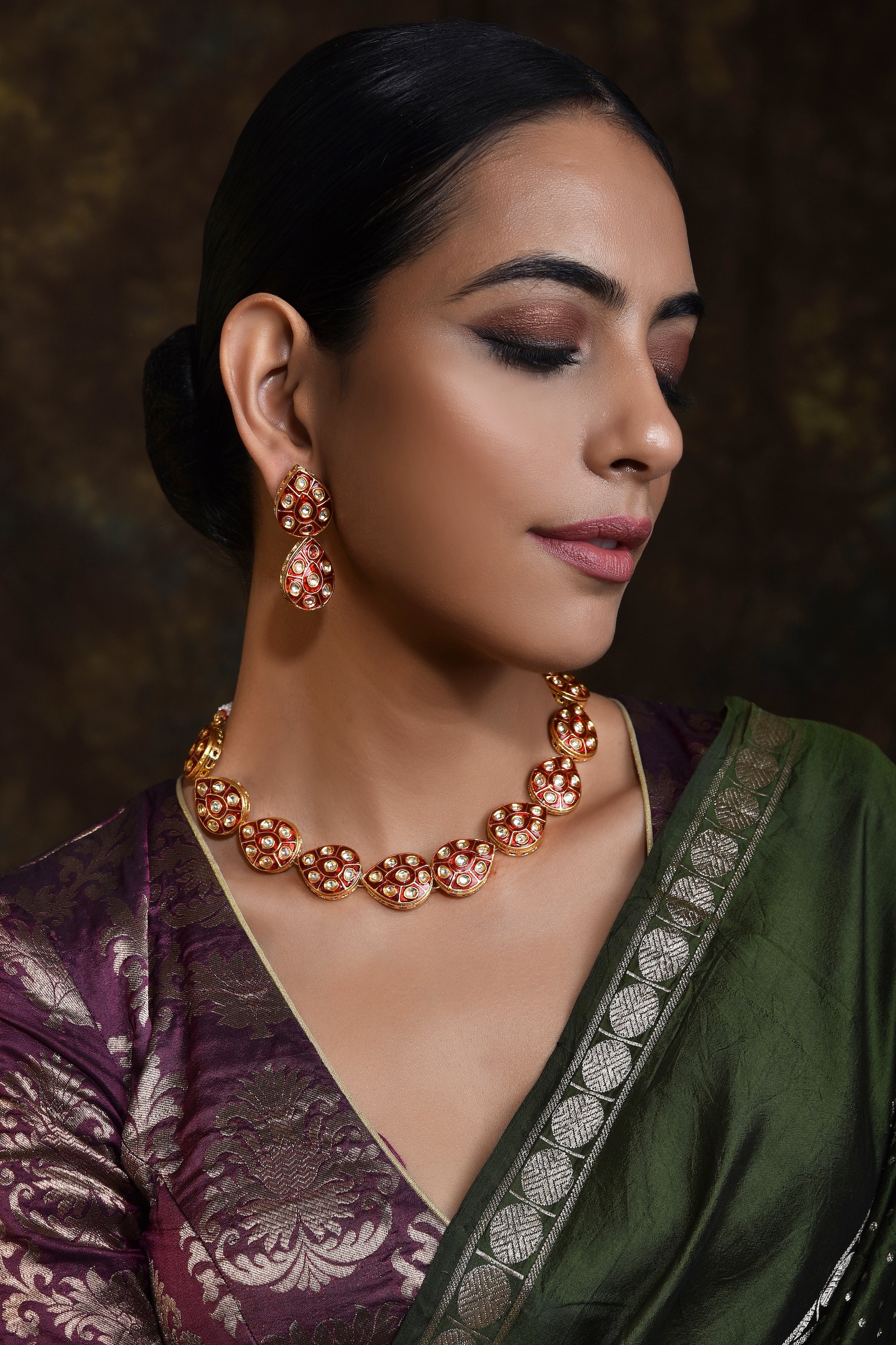 Swabhimann Jewellery | Red Gold Tone Kundan Meenakari Necklace Set