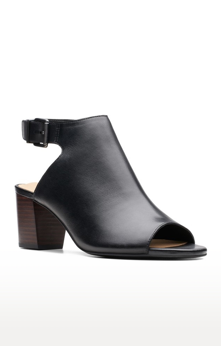 Women's Black Leather Heel Sandals