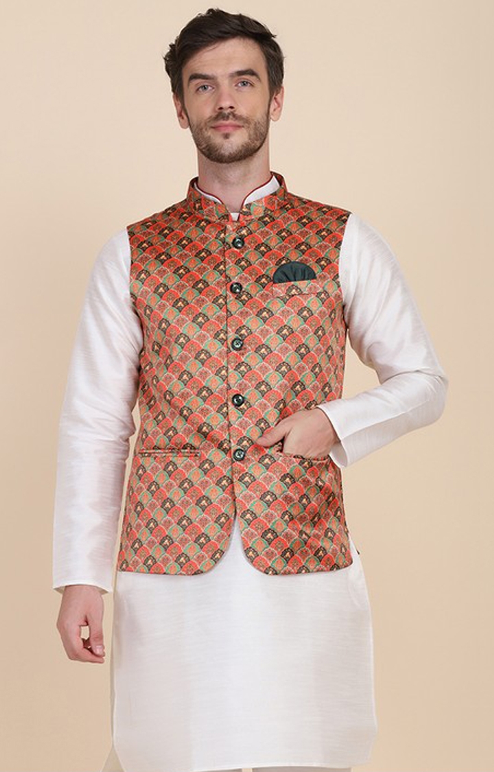 Tahvo Men Orange Printed Nehru Jacket