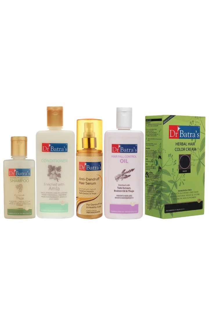Dr Batra's | Dr Batra's Anti Dandruff Hair Serum, Conditioner - 200 ml, Hair Fall Control Oil- 200 ml, Herbal Hair Color Cream Black and Dandruff Cleansing Shampoo - 100 ml