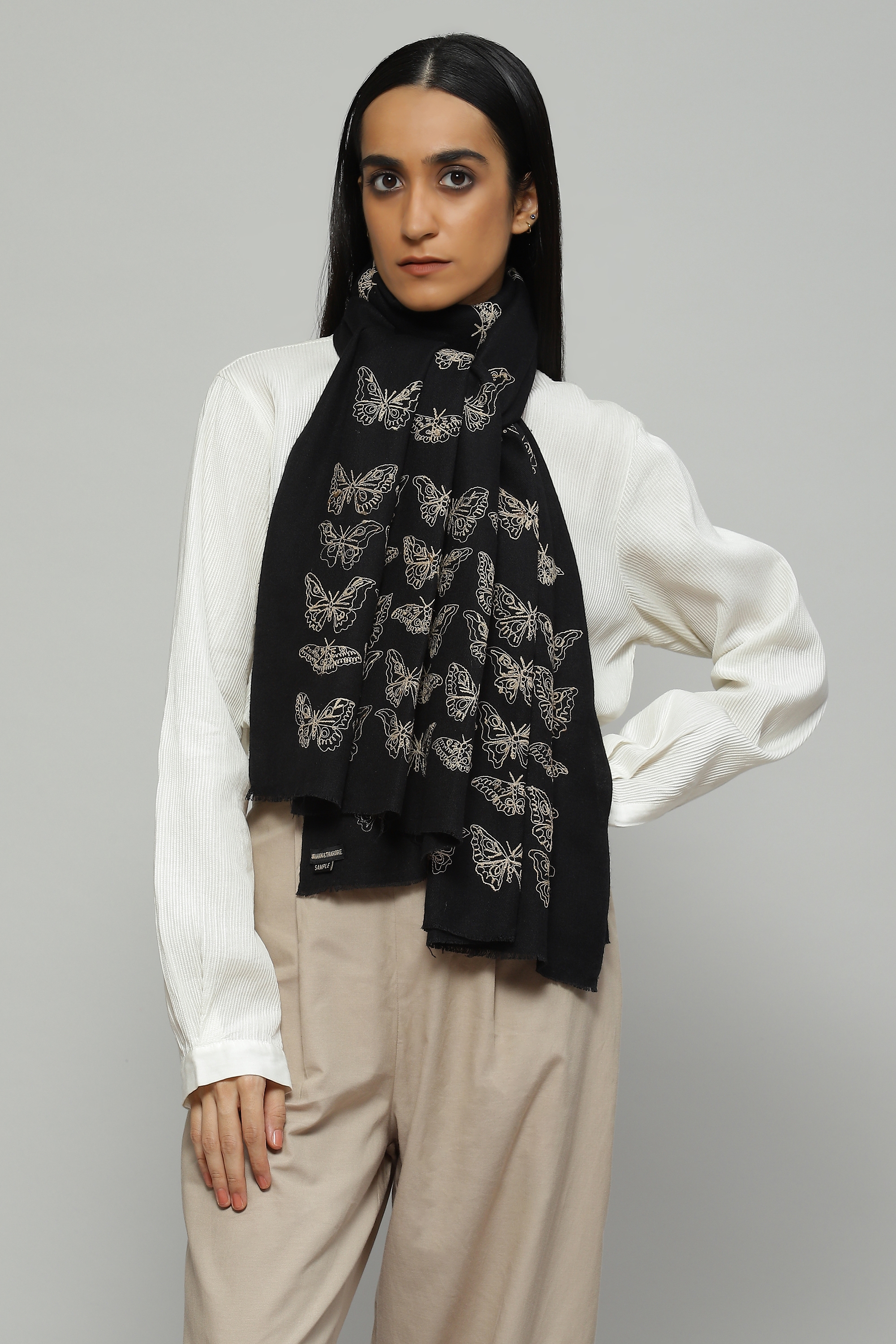 ABRAHAM AND THAKORE | Tussar Silk Embroidered Wool Scarf Black