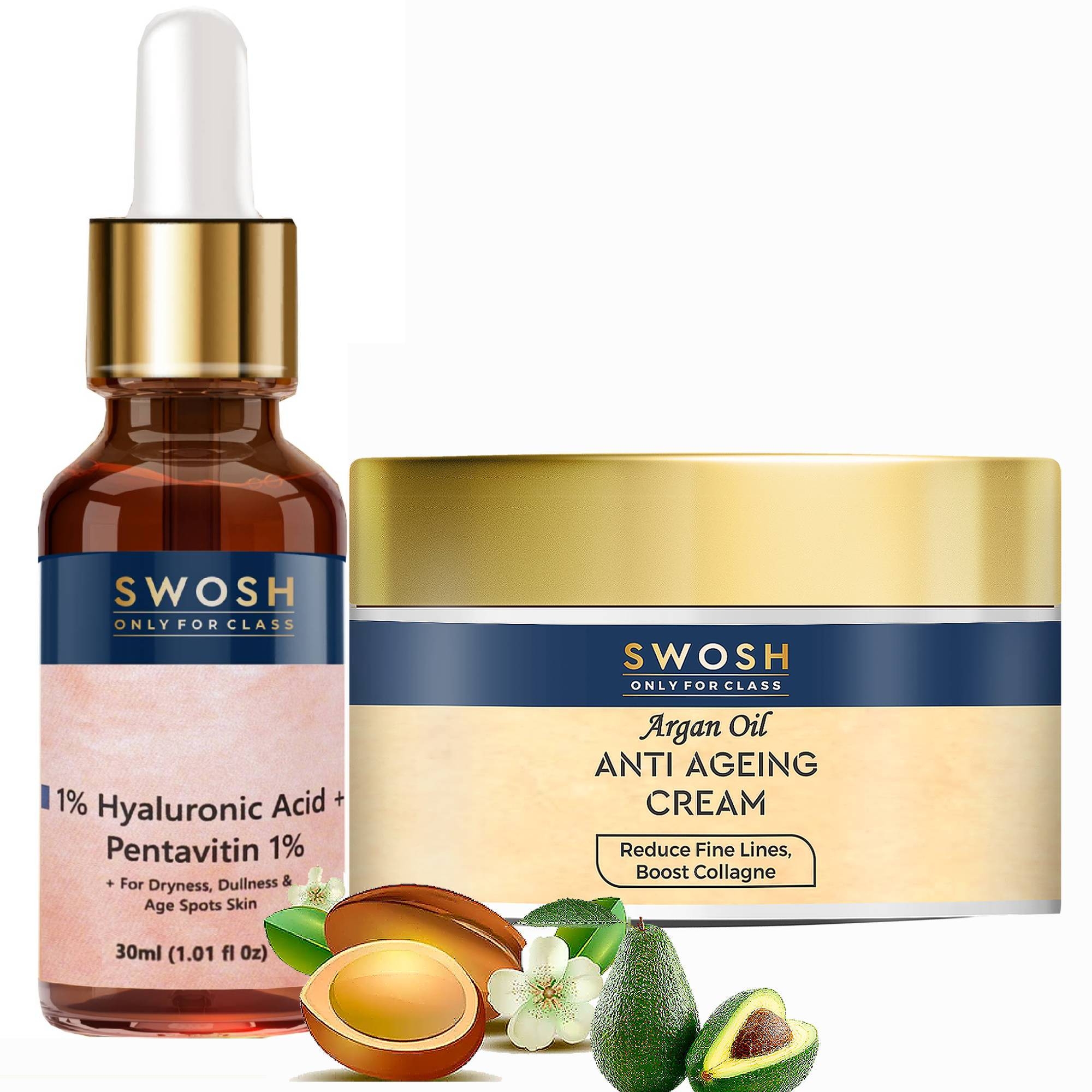 SWOSH Complete Skin Care Combo Set - Anti Ageing Face Cream 50 Gram Day & Night With Jojoba & Argan Oil | 1% Hyaluronic Acid Serum 30 ML Lightweight Hydrating Serum Intense Hydration