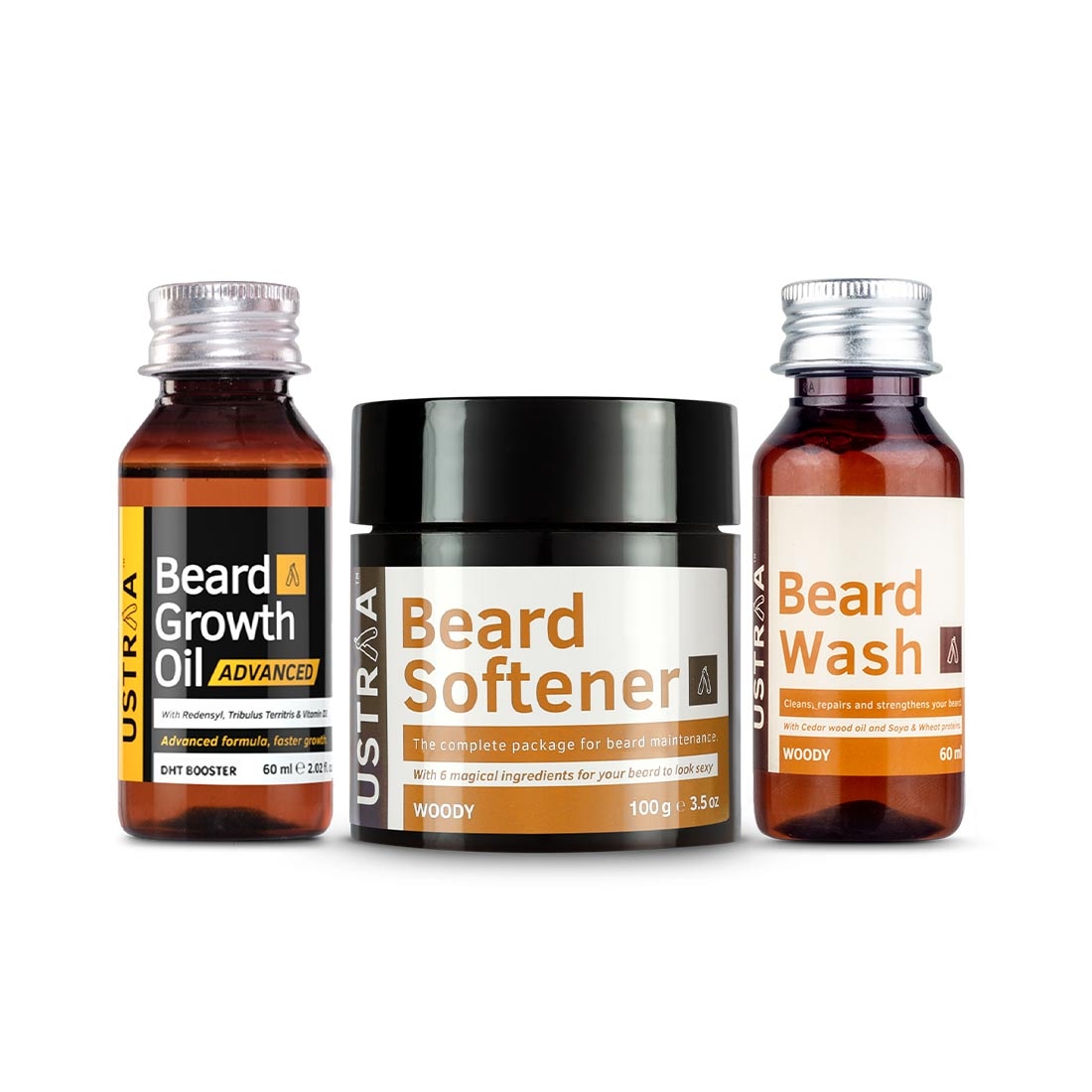 Ustraa | Ustraa Beard growth Oil Advanced 60 ml, Beard Wash Woody 60ml, Beard Softener 100 g