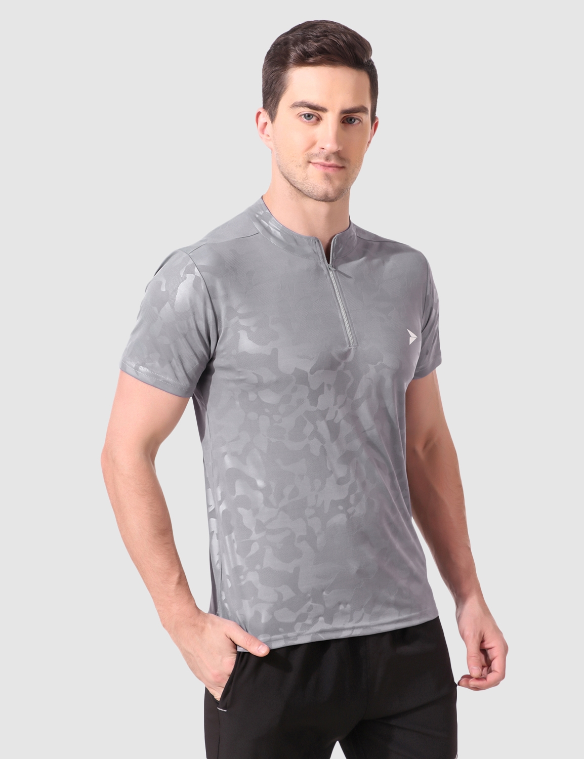 Fitinc | Fitinc Grey Polyester Mandarin Collar T-Shirt