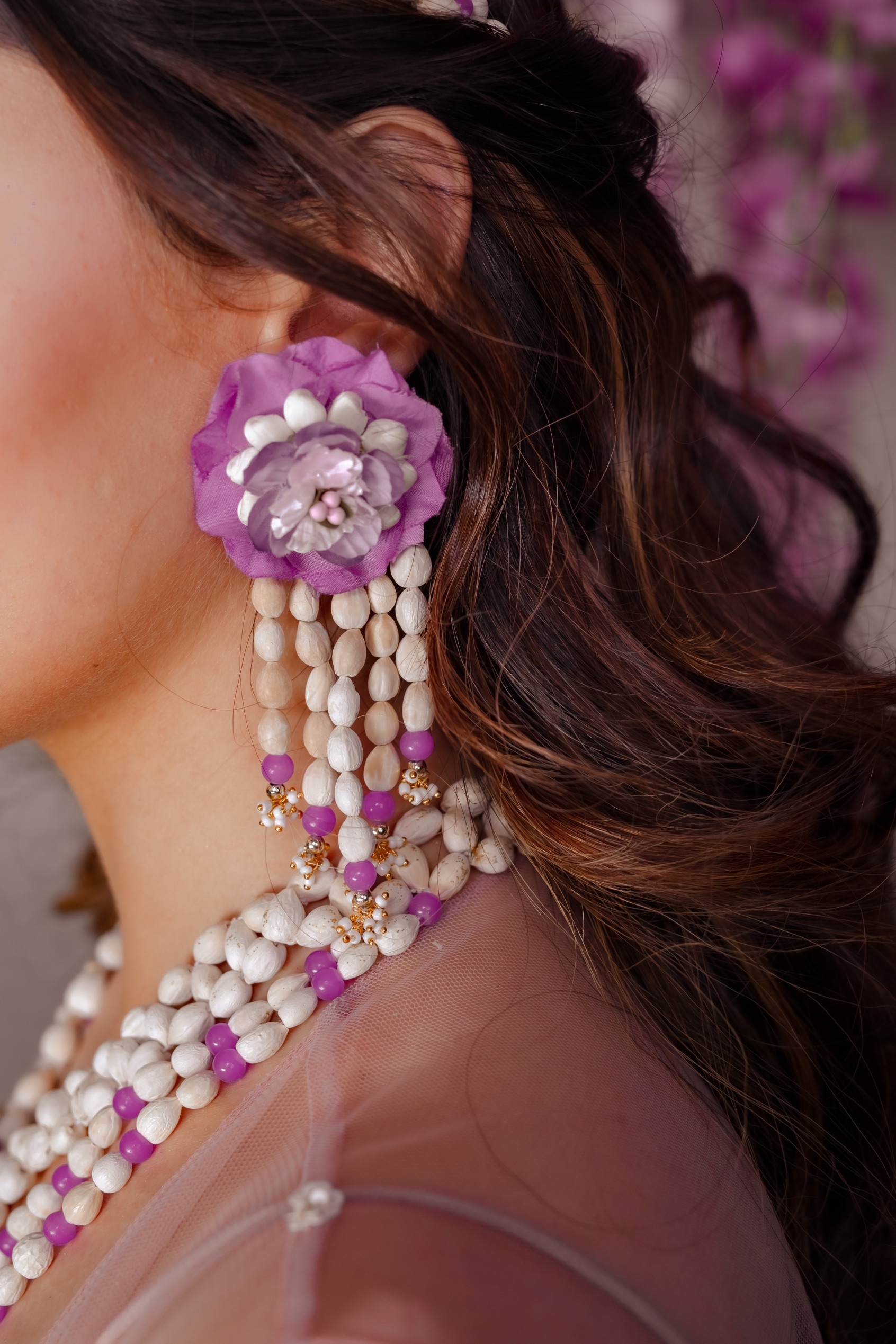 Purple White Bead Work Earings for Women
