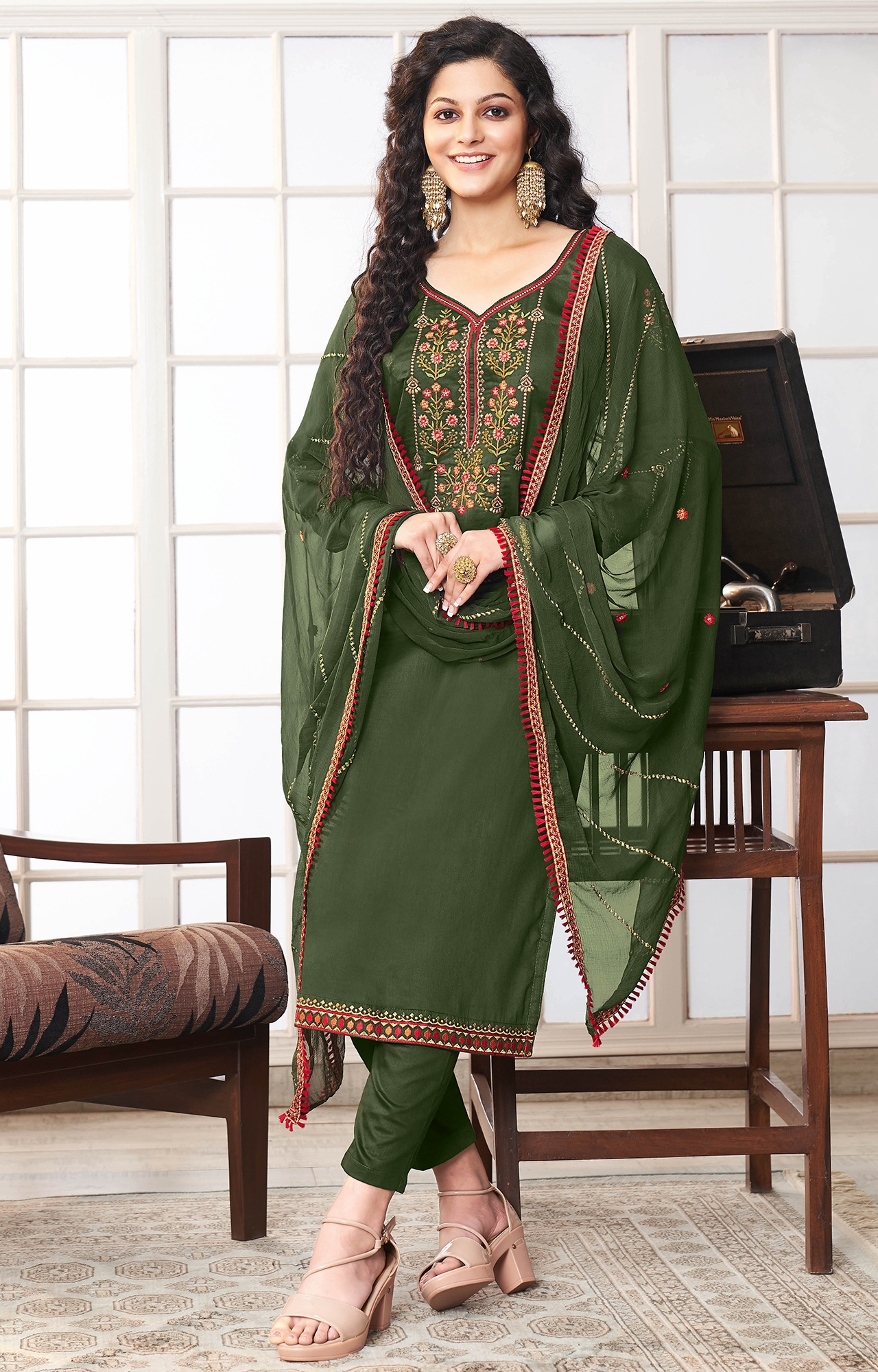 SHAILY RETAILS | Green Color Cotton Embroidered Unstitched Dress Material-FL_PANKHUDI1093_DM