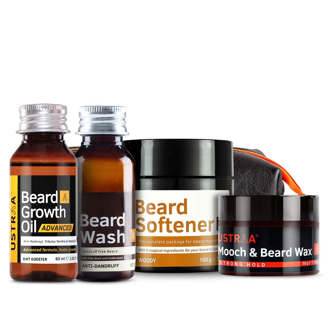 Ustraa | Ustraa Beard growth Oil Advanced 60 ml, Anti Dandruff Beard Wash 60 ml, Mooch And Beard Wax 50 g , Beard Softener 100 g  & Pu Kit Bag 