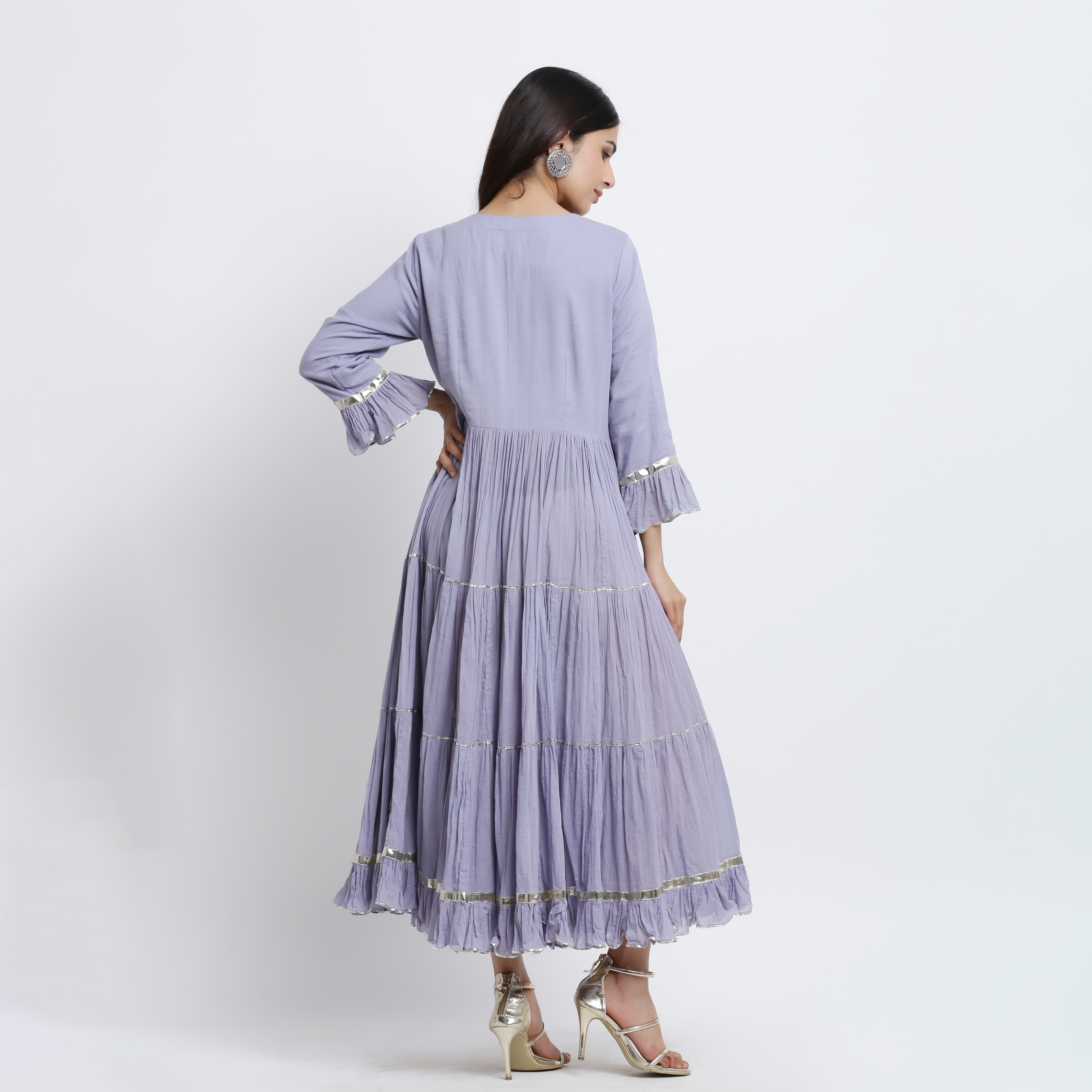 Lavendar long cotton tiered dress with printed scraf